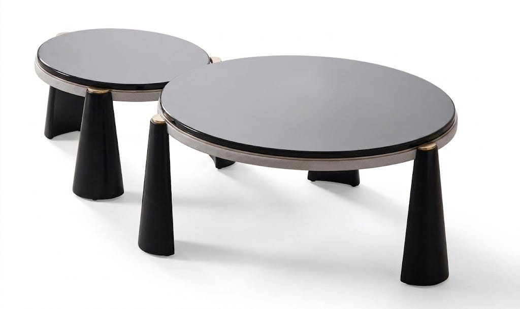 Xlmoebel Satztisch Couchtische Set Schwarz Glas Edelstahl Rund Modern Goldrand Wohnzimmer (2-St., 2-tlg), Tisch-Set