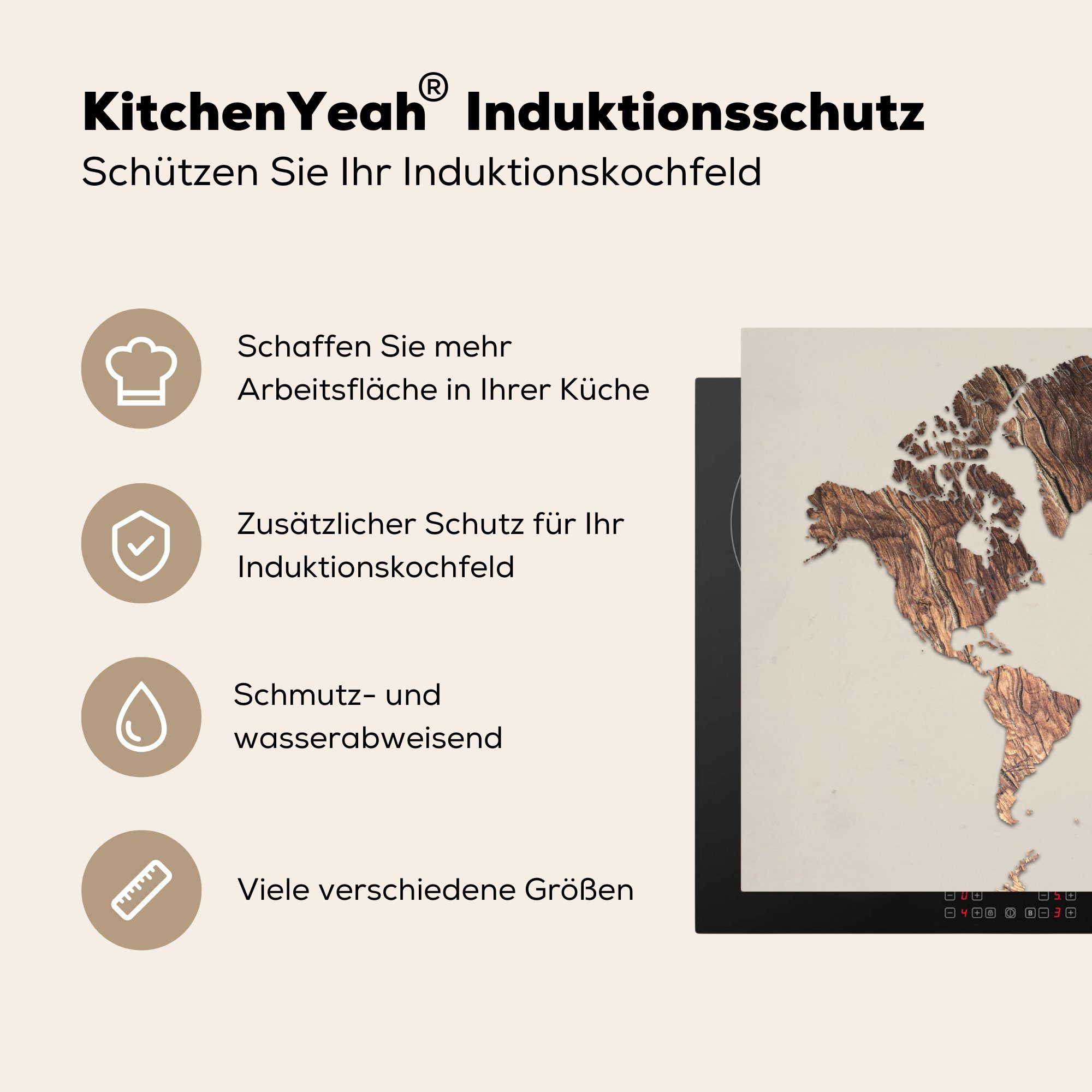 MuchoWow Herdblende-/Abdeckplatte Weltkarte - für Vinyl, (1 Holztafel Induktionskochfeld - 81x52 tlg), küche, die Ceranfeldabdeckung Braun, Schutz cm