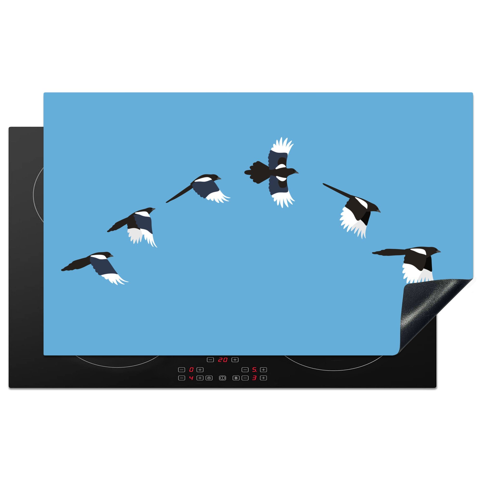 MuchoWow Herdblende-/Abdeckplatte Illustration einer Gruppe von Elster-Vögeln auf blauem Hintergrund, Vinyl, (1 tlg), 83x51 cm, Ceranfeldabdeckung, Arbeitsplatte für küche | Herdabdeckplatten