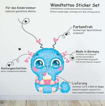 Sunnywall Wandtattoo Cute Monster - Wandtattoo Kinderzimmer Baby Wandaufkleber (6 St), konturgeschnitten