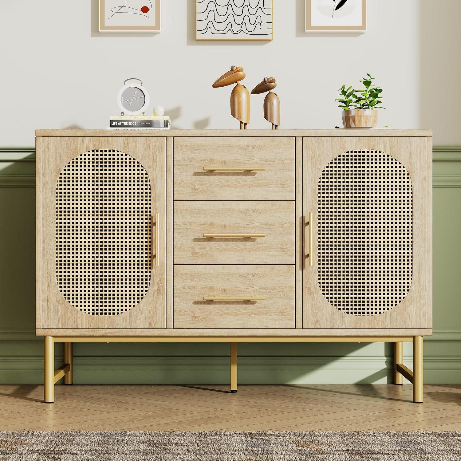 LuxusKollektion Sideboard Sideboard Hochglanz 3 Schubladen Rattan Türen Eiche(120x40x74cm)