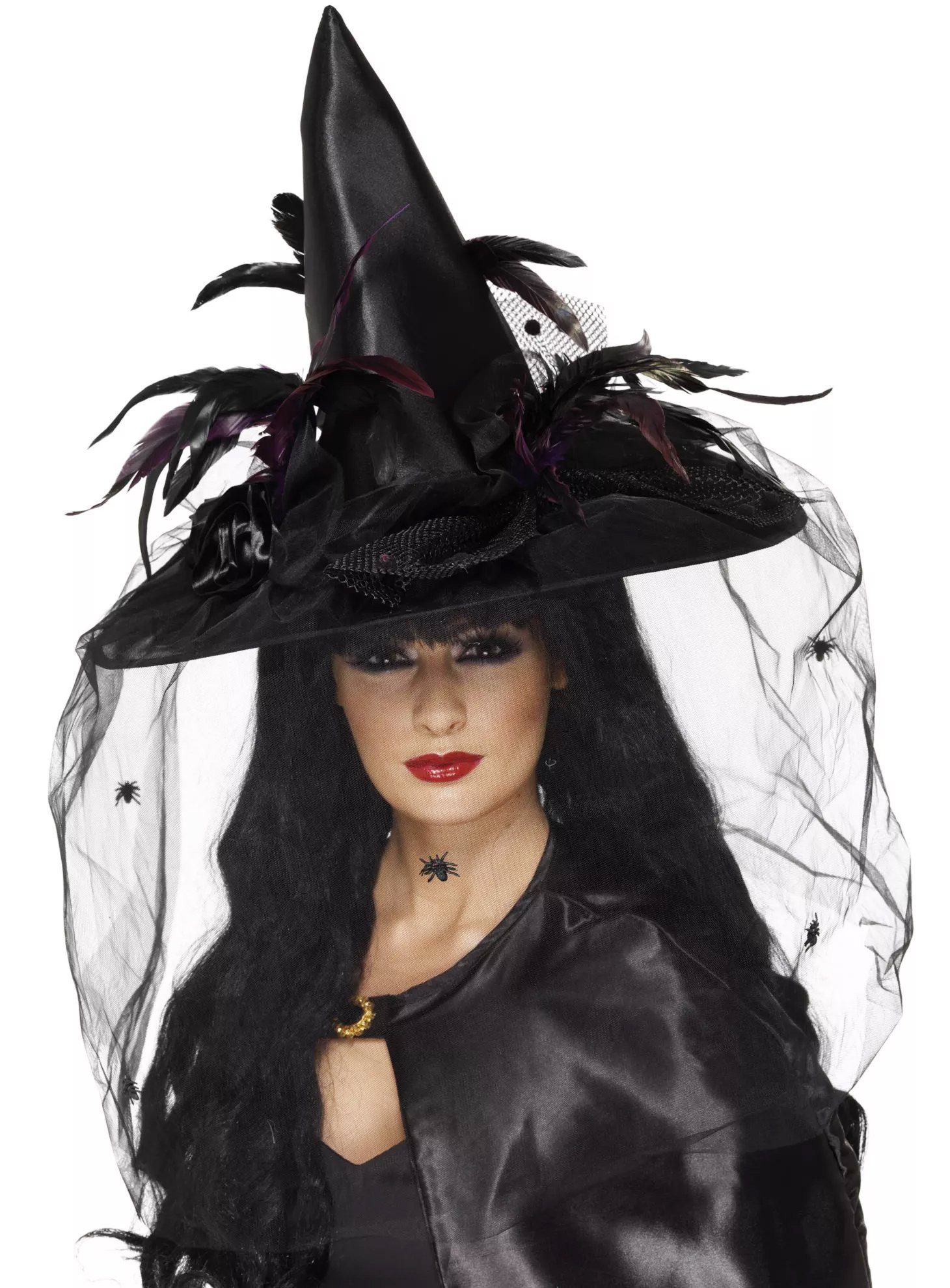 Smiffys Hexen-Kostüm Feder Hexenhut für Karneval Faschingskostüm Damen, Spitzhut mit Netz, kleinen Spinnen und echten Federn