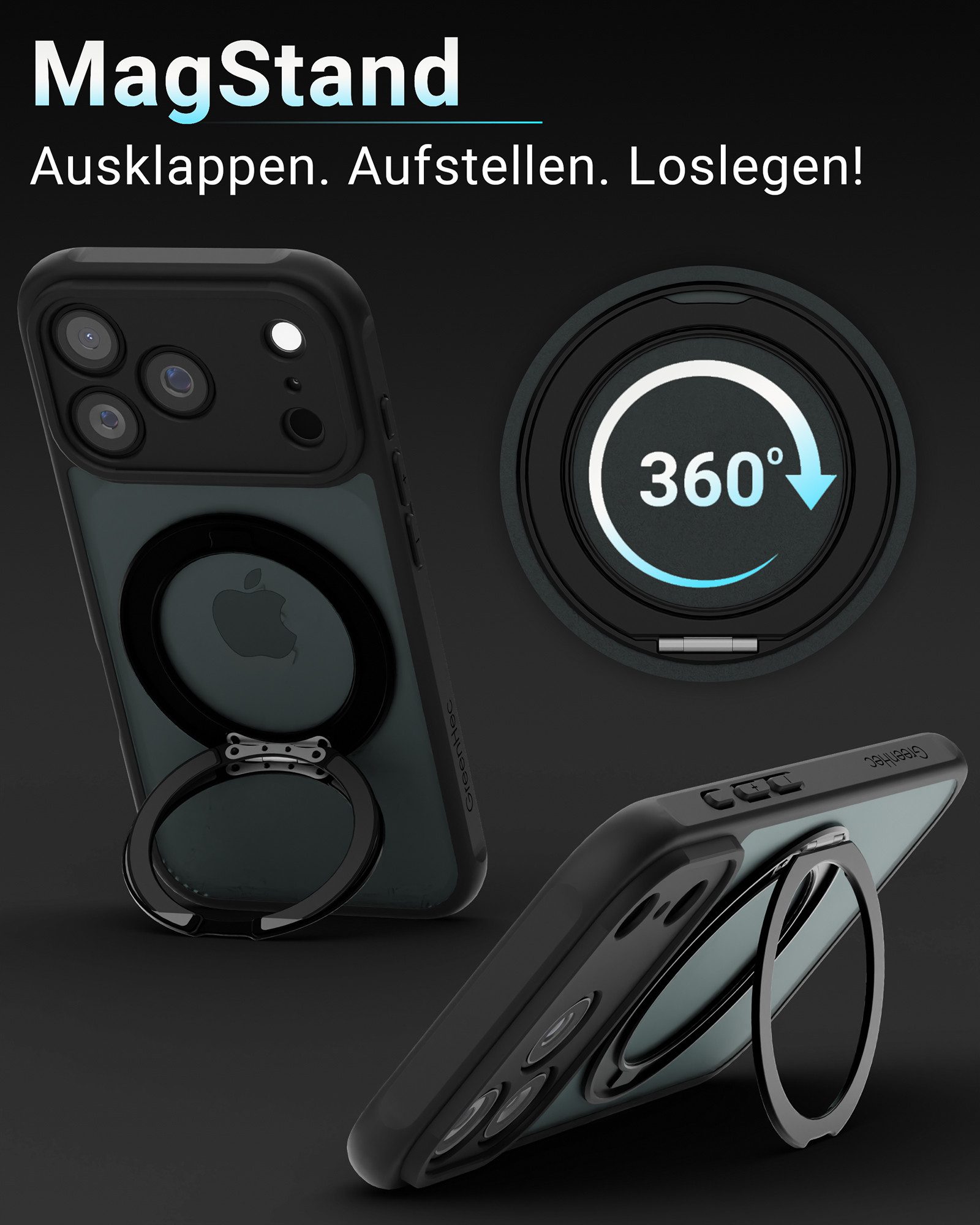 GreenHec Handyhülle Hülle iPhone 17 16 15 14 13 12 Pro Max Air 16e 17e MagSafe Magnet Case 7 Zoll, Ständer Magnetring Schwarzes Cover Schutzhülle Kameraschutz Handyhülle