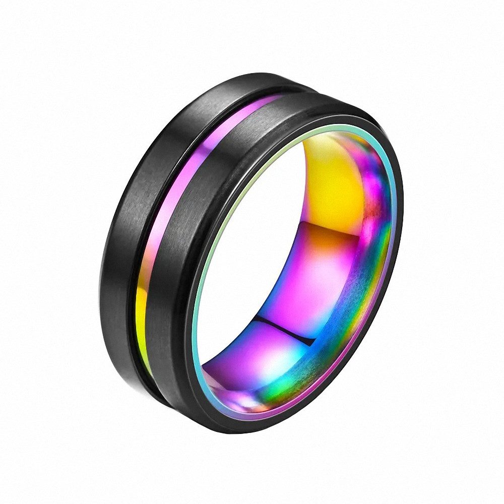 Taffstyle Fingerring Edelstahl Ring matt farbigen Inlay Schwarz Rainbow Größe 58 (18.5) (Partnerring Ehering Trauring Hochzeitsring Freundschaftsring Ehering), sandgestrahlt Freundschaftsring Trauring Herrenring Damenring Paarring