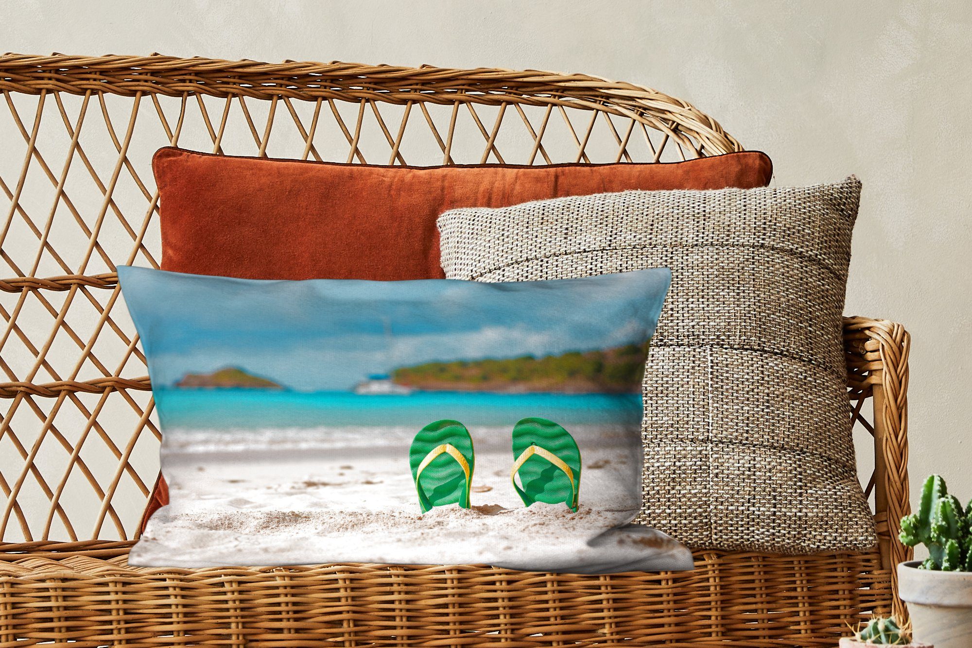 Strand Dekoration, Füllung, Dekokissen - MuchoWow Dekokissen - Grün, Wohzimmer Schlafzimmer Zierkissen, mit Pantoffeln