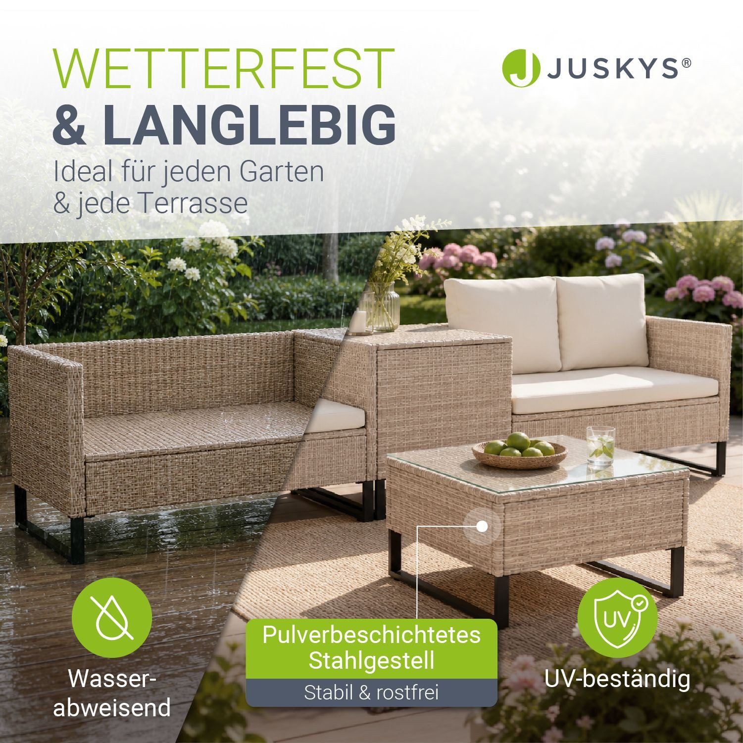 Juskys Gartenlounge-Set Santorini, (4-tlg), Polyrattan Sitzgruppe mit Beistelltisch & Auflagenbox, wetterfest
