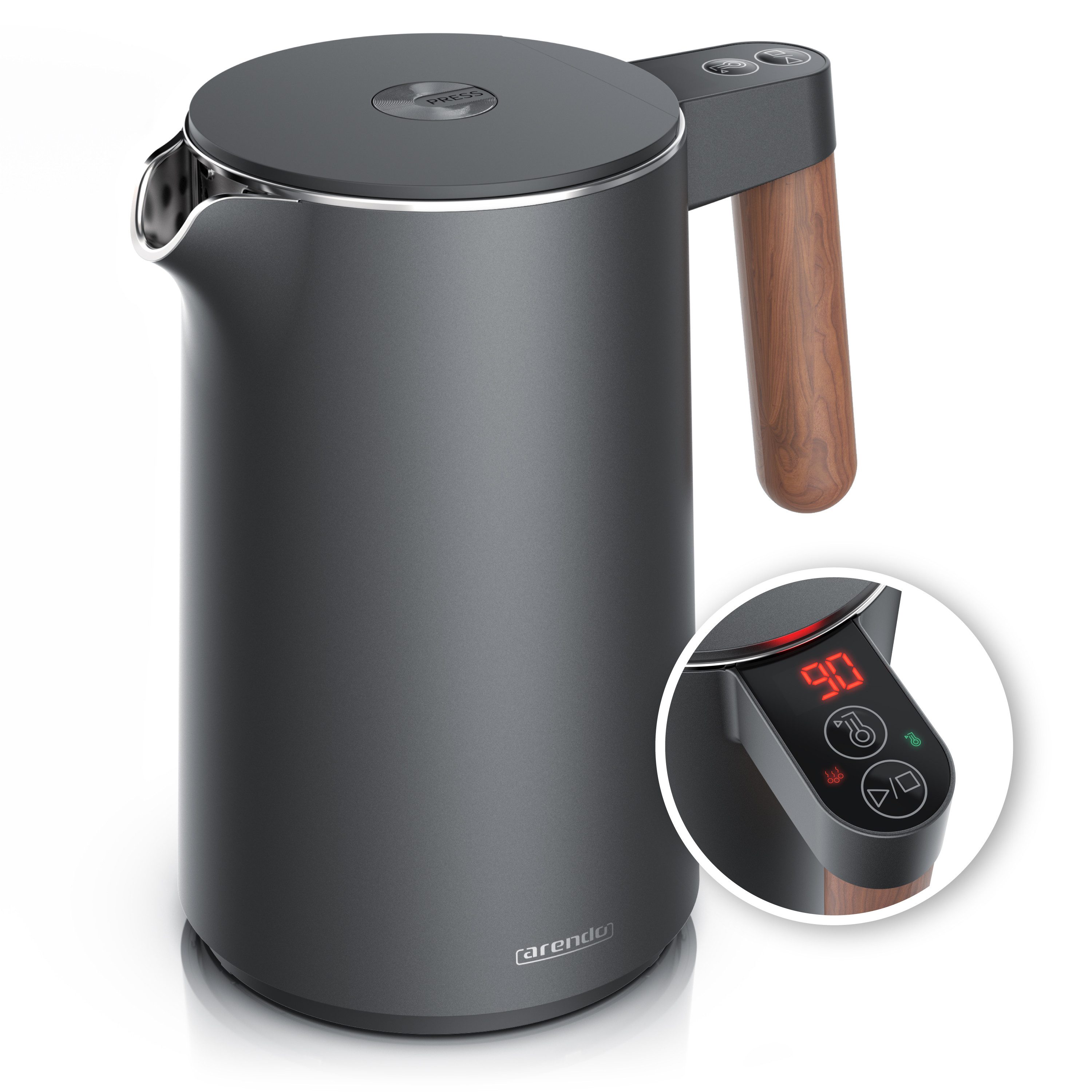 Arendo Wasserkocher aus Edelstahl, Temperatureinstellung, Doppelwand, Warmhaltefunktion, 1,5 l, 2200 W, Griff in Holzoptik, BPA-frei, Teekocher, Temperaturanzeige 45-100°C