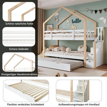 WISHDOR Etagenbett Kinderbett, Ausziehbares Baumhausbett, Treppe mit 4 Schubladen (mit Absturzsicherung und Kinderbettgitter, mit Lattenroste, 90x200cm&90x190cm), 90x200cm&90x190cm, Ohne Matratze