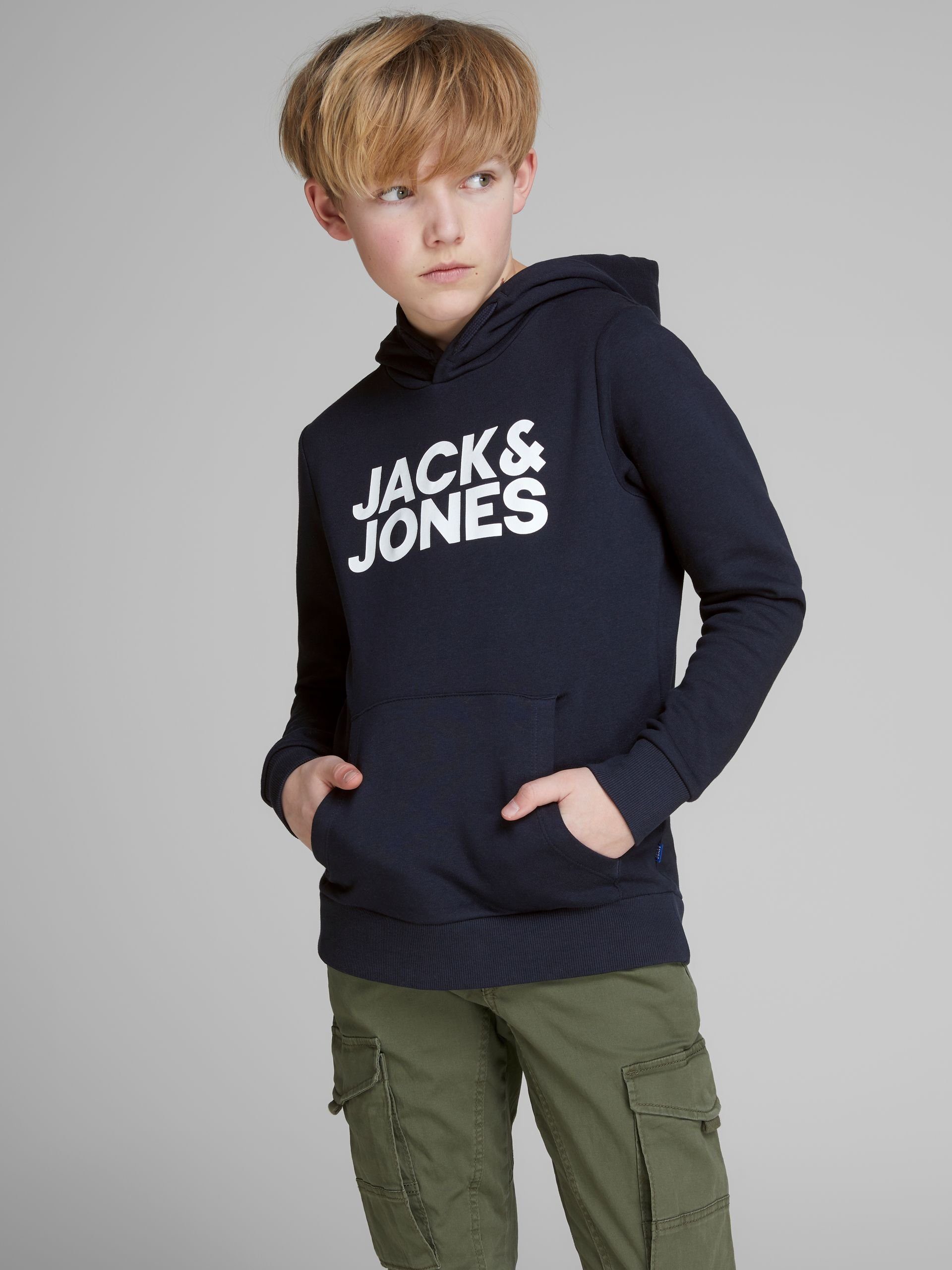 Jack & Jones Junior JNR HOOD Sweatshirt LOGO Print JJECORP navy SWEAT blazer/Large