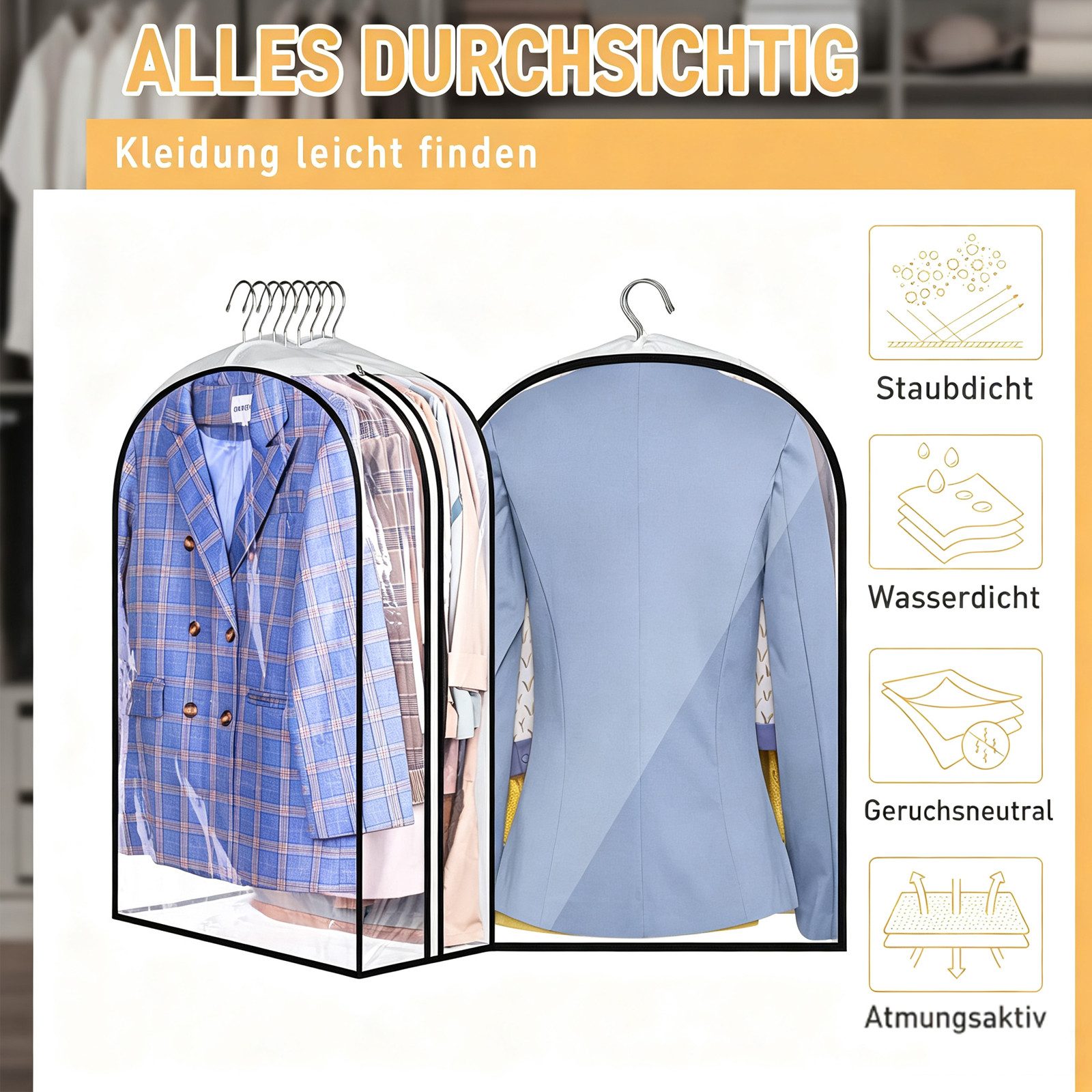 BOOD Kleidersack 3 Stück Kleidersack Kleidersäcke 100*60*25cm mit Reißverschluss (Packung, 3 St., 3 x Kleiderschutzhülle (100 x 60 x 25 cm) Staubdicht und feuch – Bild 4 von 5