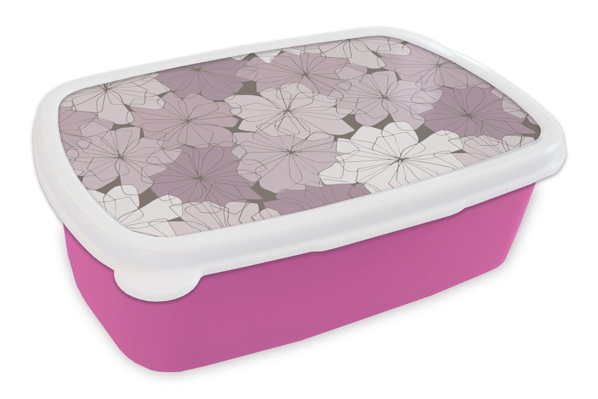 MuchoWow Lunchbox Muster - Blumen - Minimalismus, Kunststoff, (2-tlg), Brotbox für Erwachsene, Brotdose Kinder, Snackbox, Mädchen, Kunststoff rosa