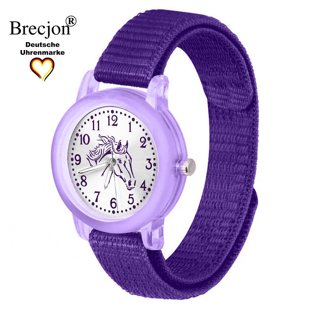 Brecjon Quarzuhr Kinder Armbanduhr Mädchen Pferd violett GRS Klettarmband Leuchtzeiger, ideales Geschenk zur Einschulung für Pferdefans im Set oder einzeln