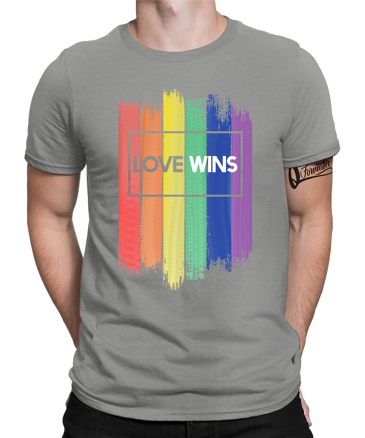 Quattro Formatee Kurzarmshirt Love Wins - Stolz Regenbogen LGBT Gay Pride Herren T-Shirt (1-tlg) Heather Grau