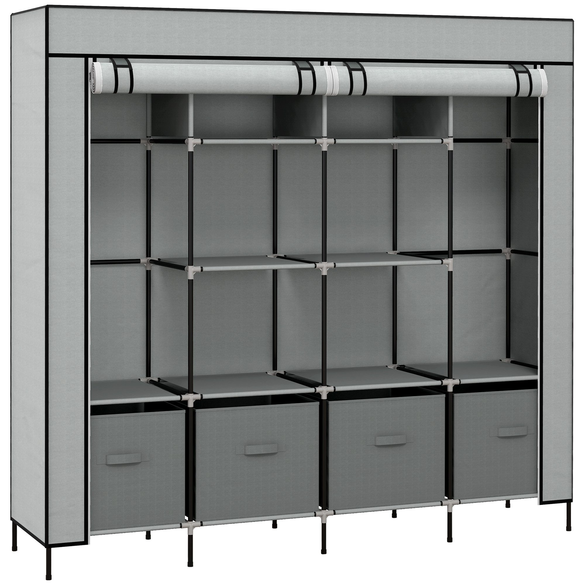 MC Star Stoffschrank Kleiderschrank mit Kleiderstange 10 Fächer 4 Schubladen (Garderobe Vlies-Optik dunkelgrau für Schlafzimmer & Flur)