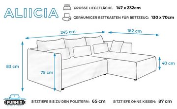 Furnix Sofa Aliicia Couch ausziehbar mit Bettkasten Kissen Schlafsofa 12 Farben, pflegeleichte hochwertige Stoffe mit Lotuseffekt