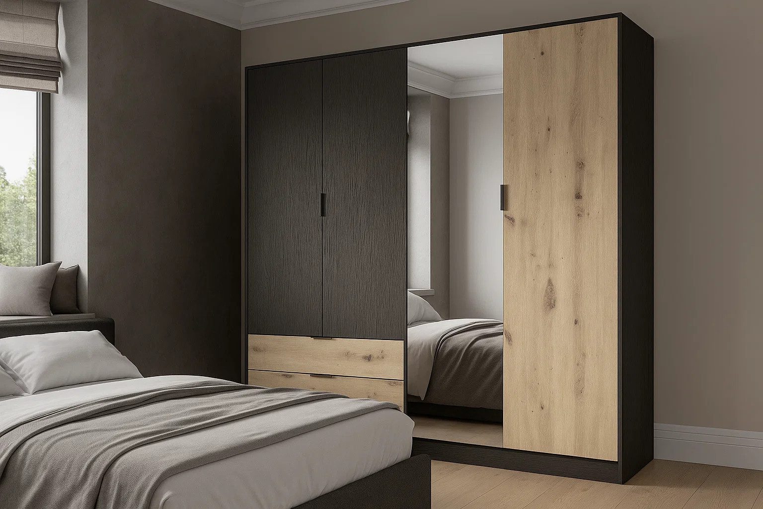 OTTO home Kleiderschrank PEERY mit Spiegel, 2 Schubladen, 4 Fächer und 2 Kleiderstangen Garderobe mit 4 Türen und schwarzen Griffen, Maße B/T/H: 220/54/203cm