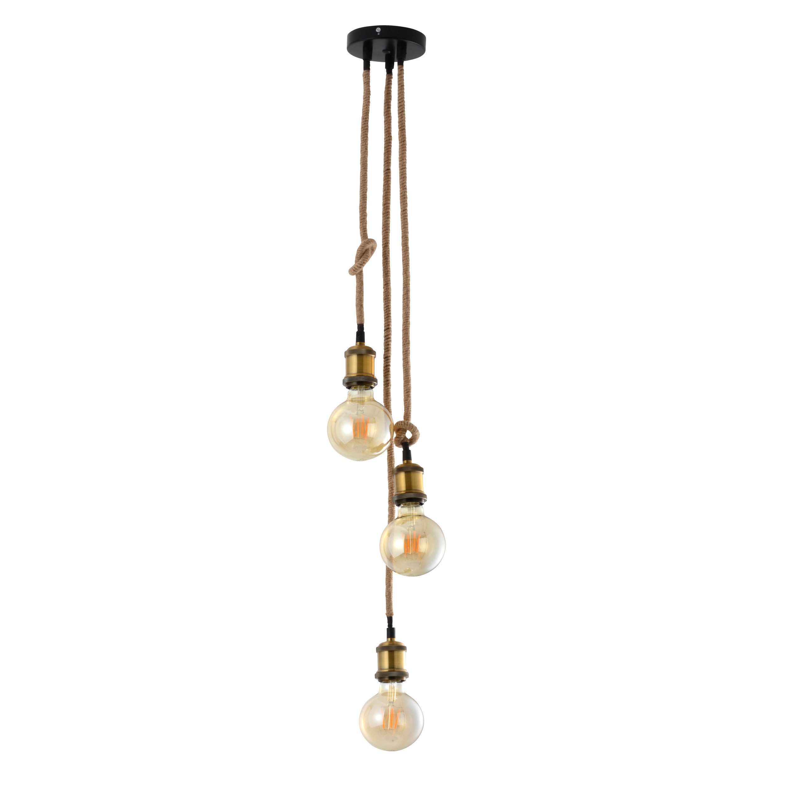 näve Pendelleuchte Ontario, ohne Leuchtmittel, Leuchtmittel wechselbar, 3er Metallbaldachin in altmessing/schwarz mit Hanfseil, E27, H: 85cm