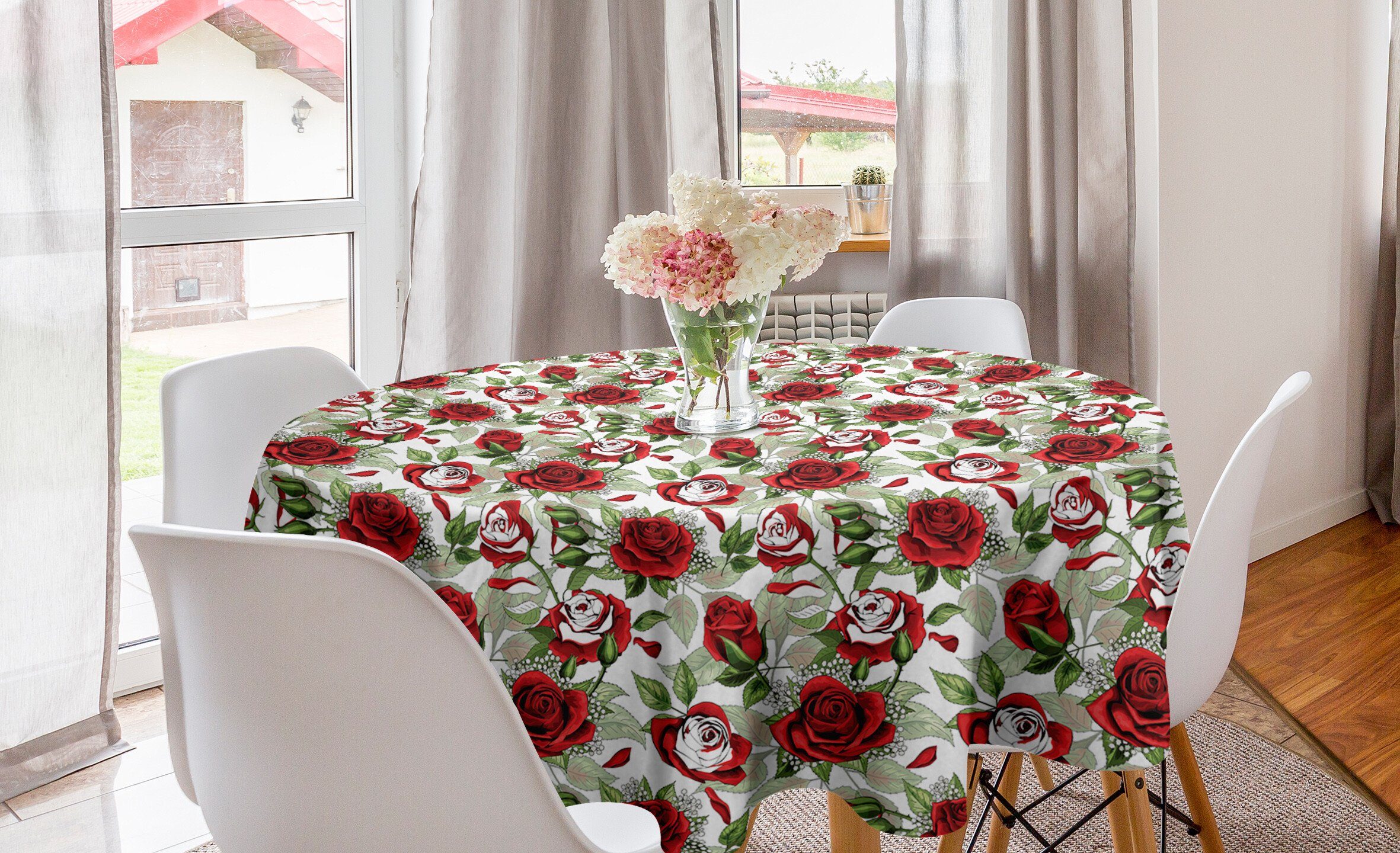 Abakuhaus Dekoration, Küche Rote Rosen Klassische Esszimmer Tischdecke Abdeckung Tischdecke für Kreis Valentinstag