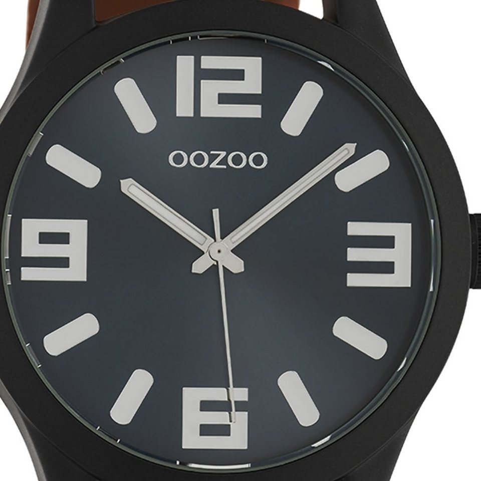 OOZOO Quarzuhr Oozoo unisex Armbanduhr dunkelblau, Damen, Herrenuhr rund,  extra groß (ca 47mm) Lederarmband, Casual-Style