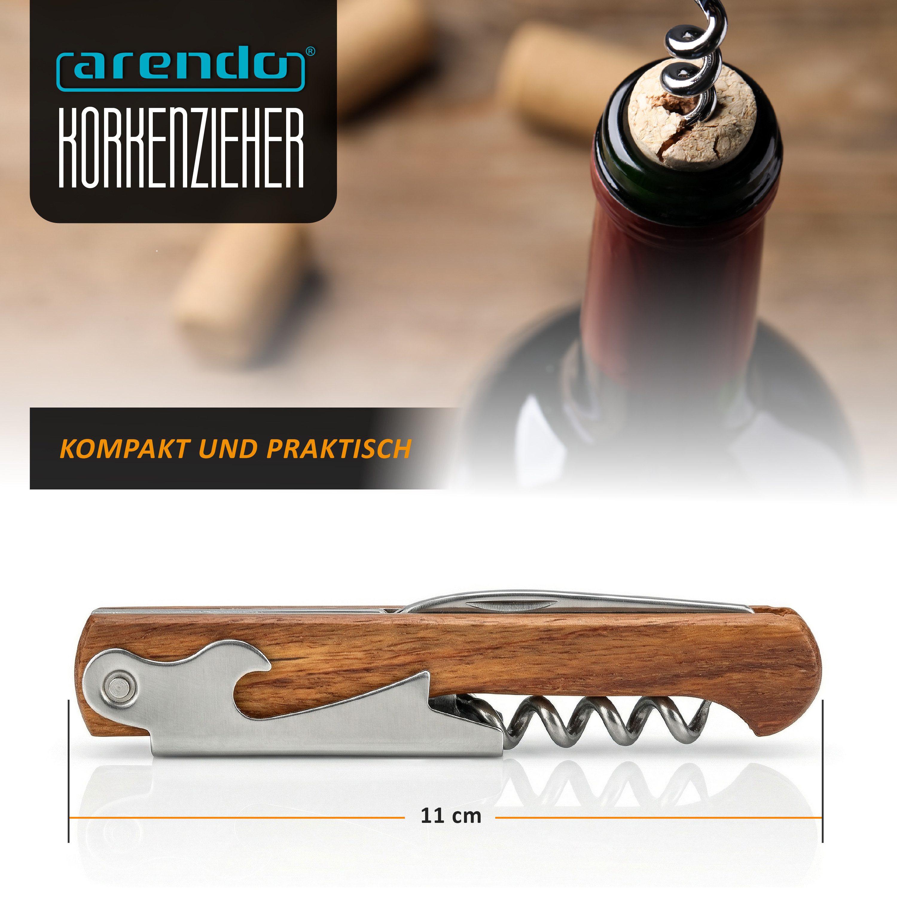 Arendo Korkenzieher Edelstahl Weinöffner, Flaschenöffner, Tasschenmesser, Folienschneider, (1 tlg., für Wein, Picknick und Gastronomie), elegantes Kellnerbestec – Bild 2 von 5