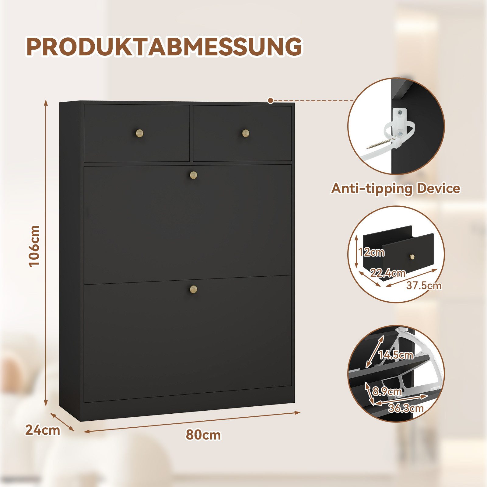 Puluomis Schuhschrank Schuhkipper mit 2 Schublade, 2 Klappen Schuhregal 24x80x106 cm (mit Kippschutz, weiß)