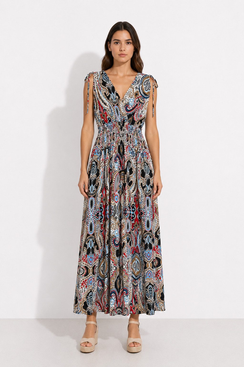 ITALY VIBES Sommerkleid - Paisley Viskosekleid mit Smokbund und V-Ausschnitt für Damen