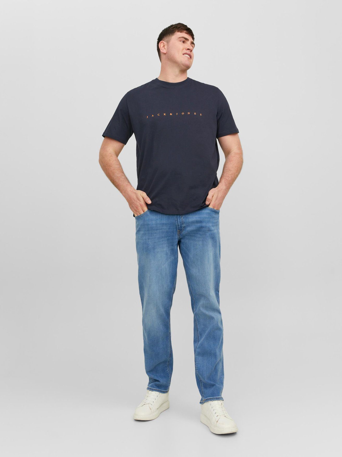 Jack & Jones T-Shirt JJESTAR Size Logo 6550 Plus Kurzarm Übergröße Shirt in Dunkelblau T-Shirt