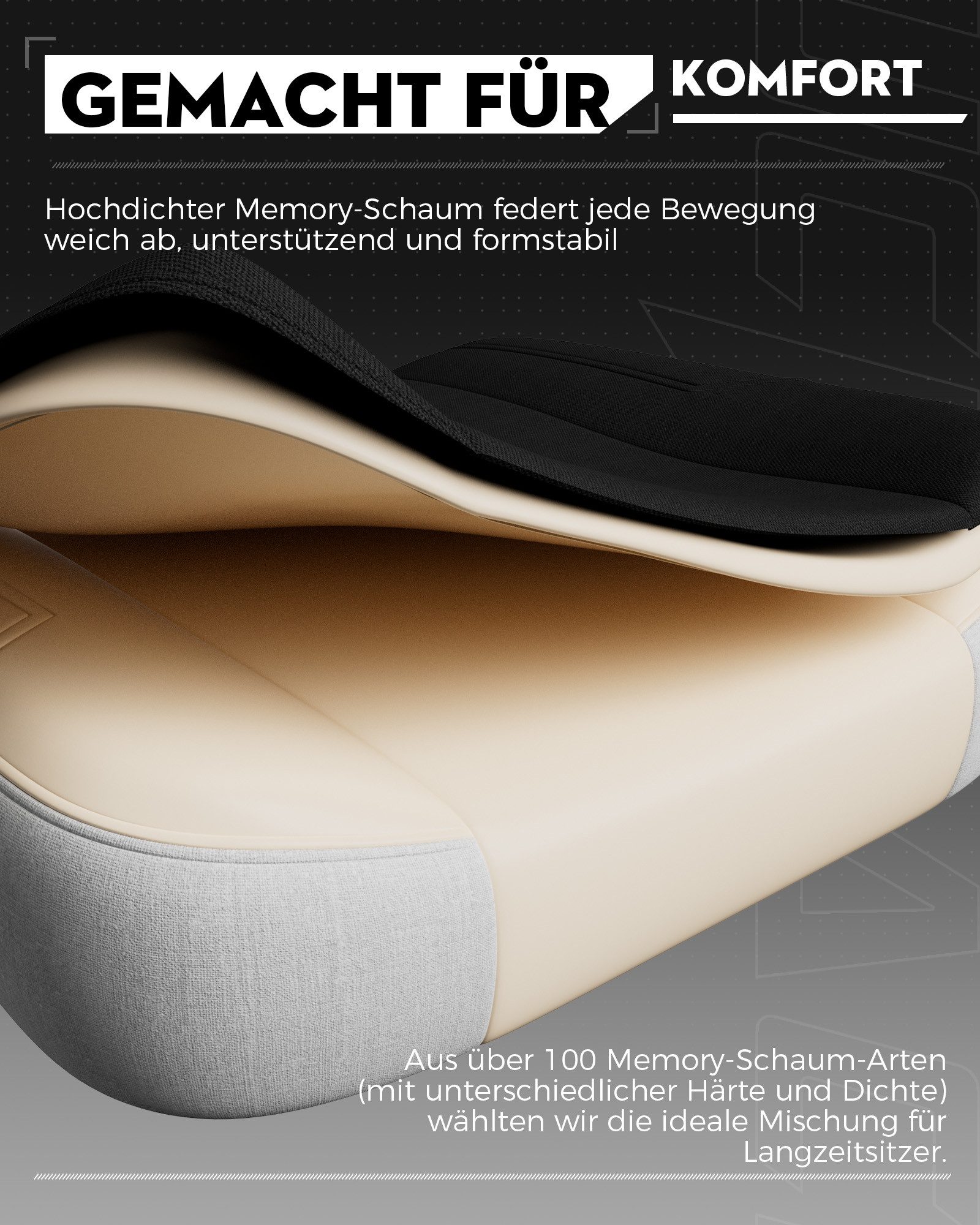 LUCKRACER Gaming-Stuhl Stoff/Kunstleder, Bürostuhl mit verbundenen Armlehnen, Memory-Schaum, 90–155° Neigungswinkel und Fußstütze