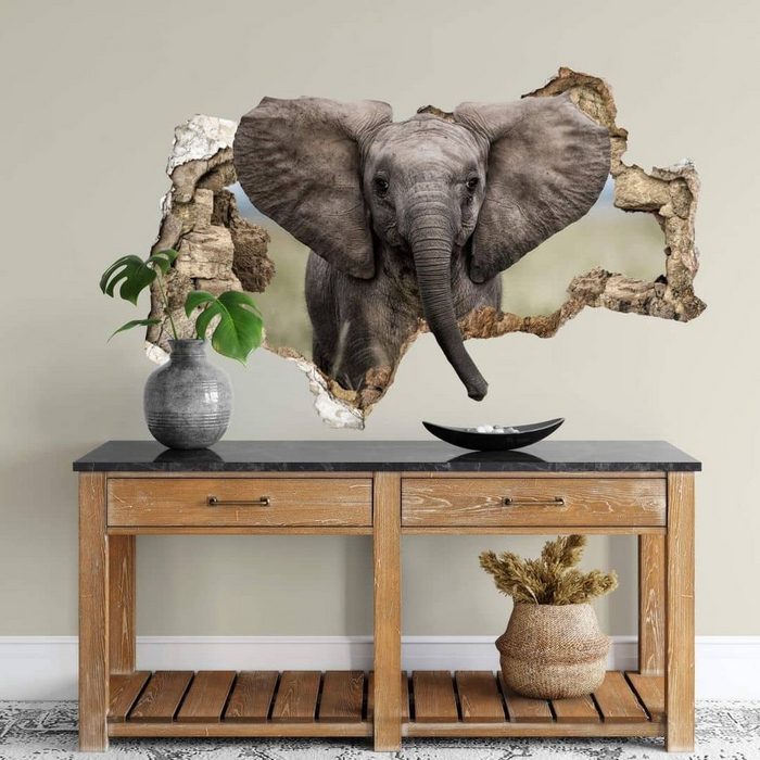 K&L Wall Art Wandtattoo 3D Wandtattoo Aufkleber van Duijn Safari Tierfotografie Baby Elefant Afrika Mauerdurchbruch Wandbild selbstklebend