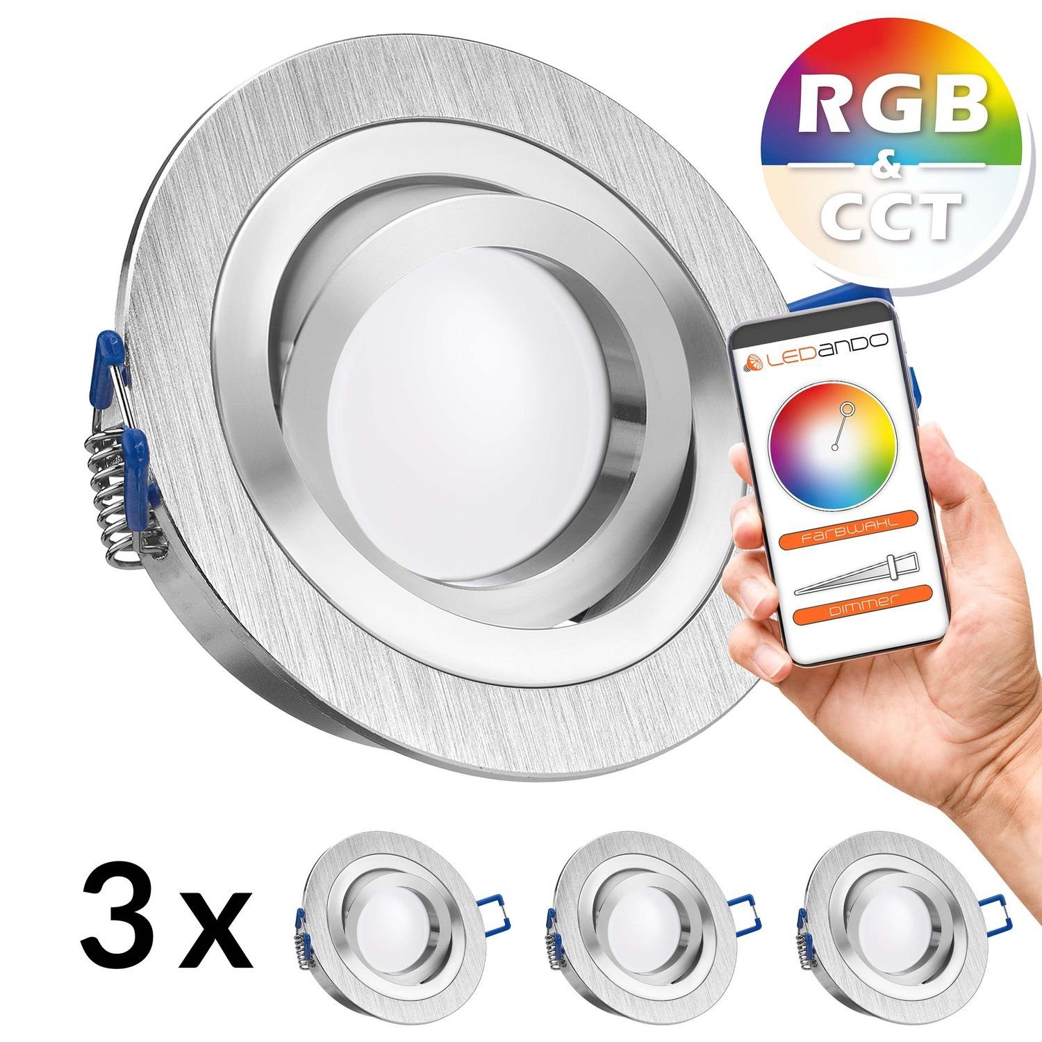 CCT LED RGB aluminium extra in gebürste LED flach Einbaustrahler LEDANDO - Einbaustrahler 3er Set