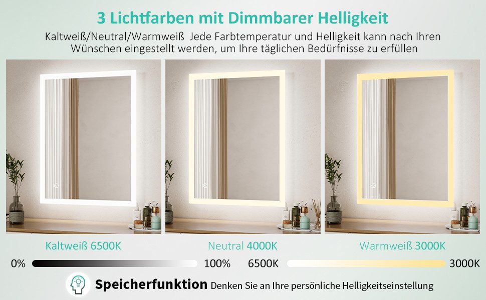 WDWRITTI Spiegel mit beleuchtung Badspiegel Led Bad Wandspiegel Badezimmer Touch Rund (Badezimmerspiegel Rundspiegel, Speicherfunktion, 3Lichtfarben, Helligkeit – Bild 4 von 5