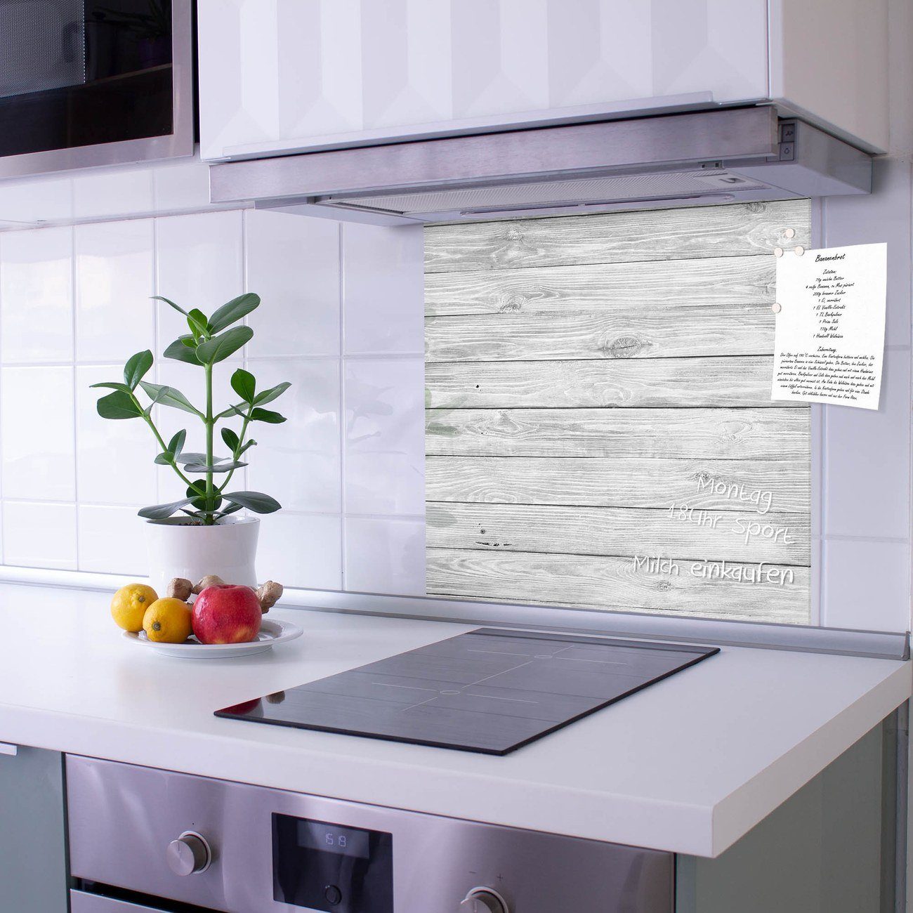 banjado Küchenrückwand Küchenrückwand Weiß Gebeizt, (gehärtetes Glas, inklusive 4 Magnete & 1 Kreidestift) | Küchenrückwände