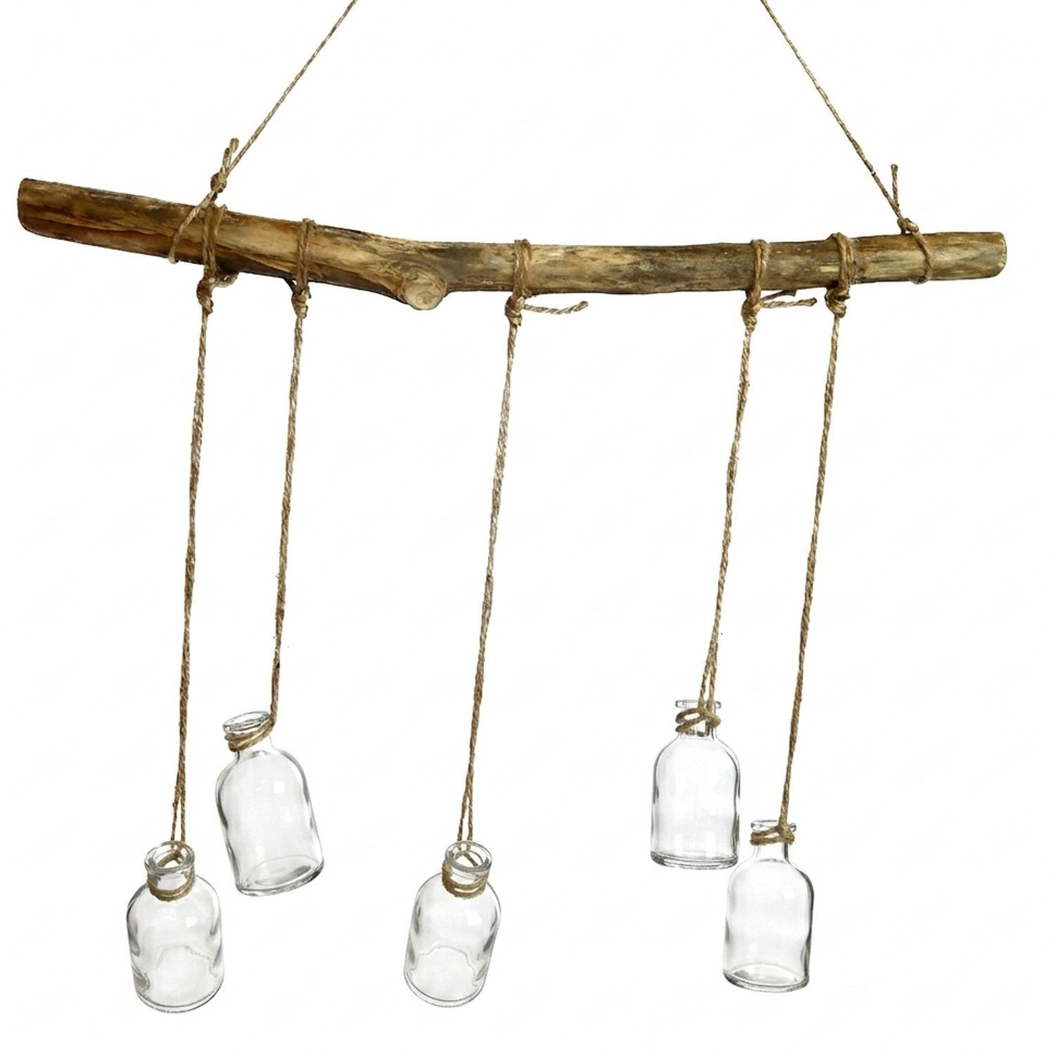 Macosa Home Hängedekoration Ast mit 5 Gläsern Holz Glas Jute 58 cm (Glasfläschchen für Trockenblumen Zweige und florale Arrangements, 1 St., Boho Deko Naturdeko), Hängevase Wanddeko Fensterdeko Blumenhalter