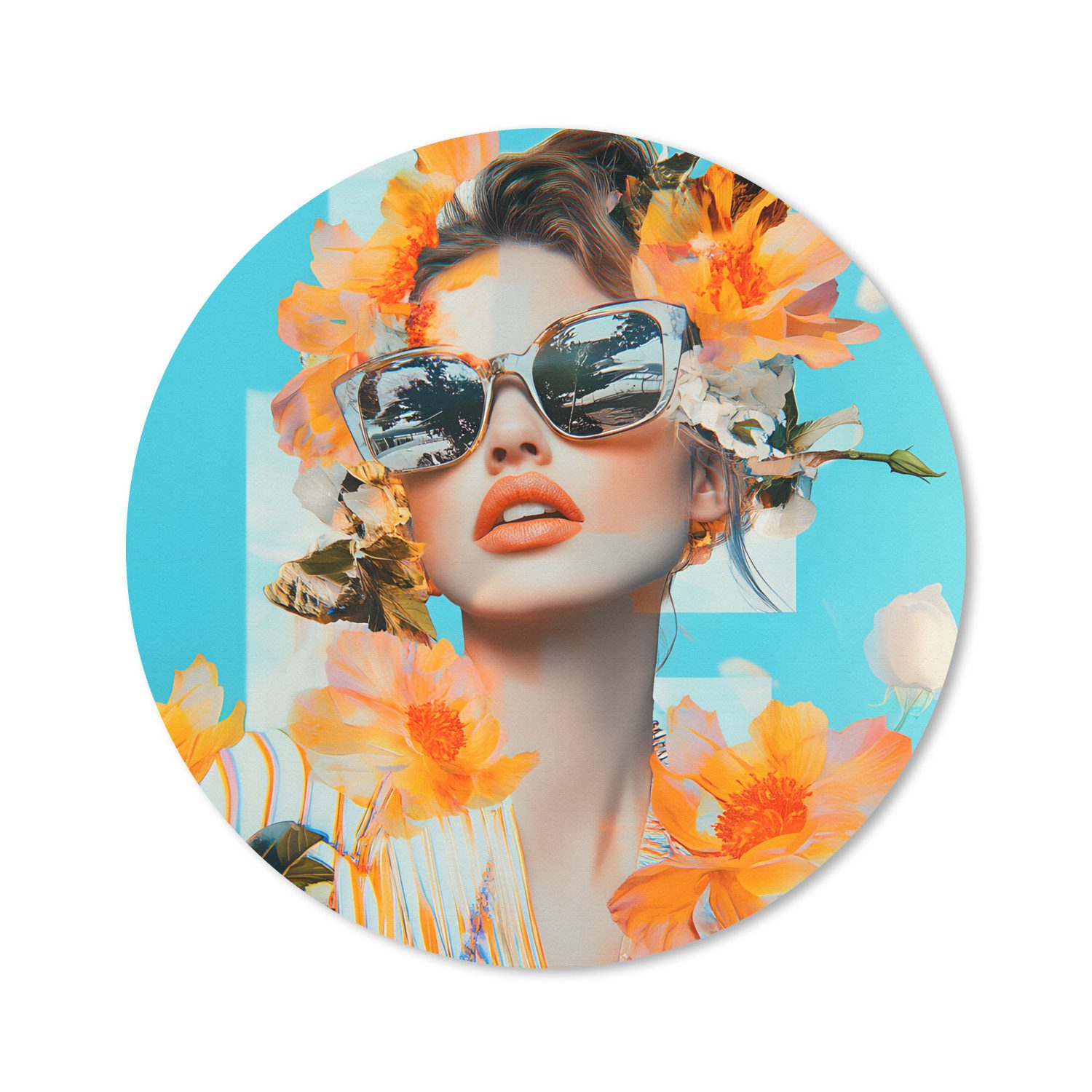 MuchoWow Mauspad Blumen - Frau - Sonnenbrille - Blau (1-St), Gaming, Rutschfester Unterseite, Mausunterlage, Rund 50x50 cm