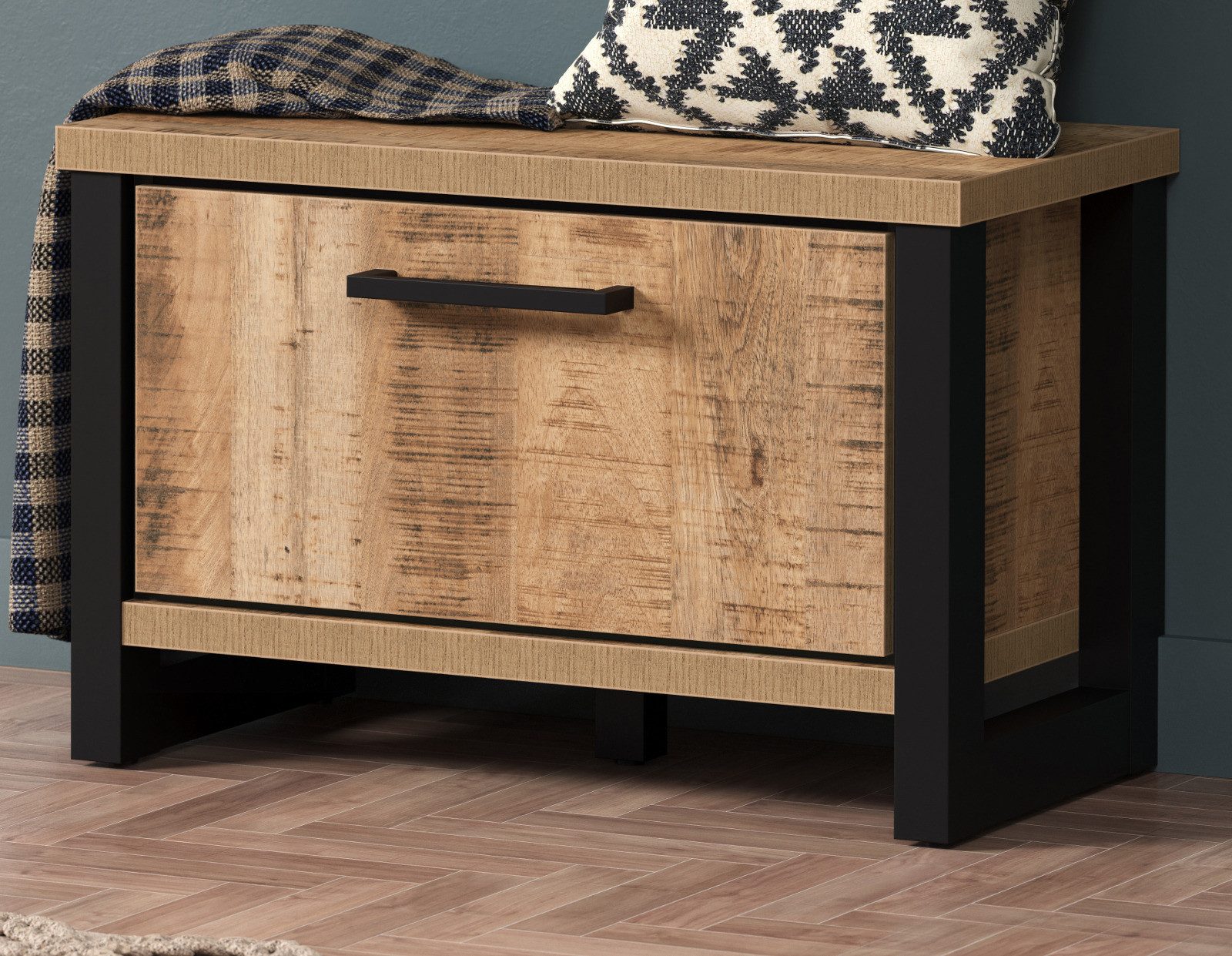 Furn.Design Sitzbank Loom (Garderobenbank in Mango mit Schwarz, Industrial Design, 73 x 47 cm), mit Stauraum und Soft-Close-Funktion