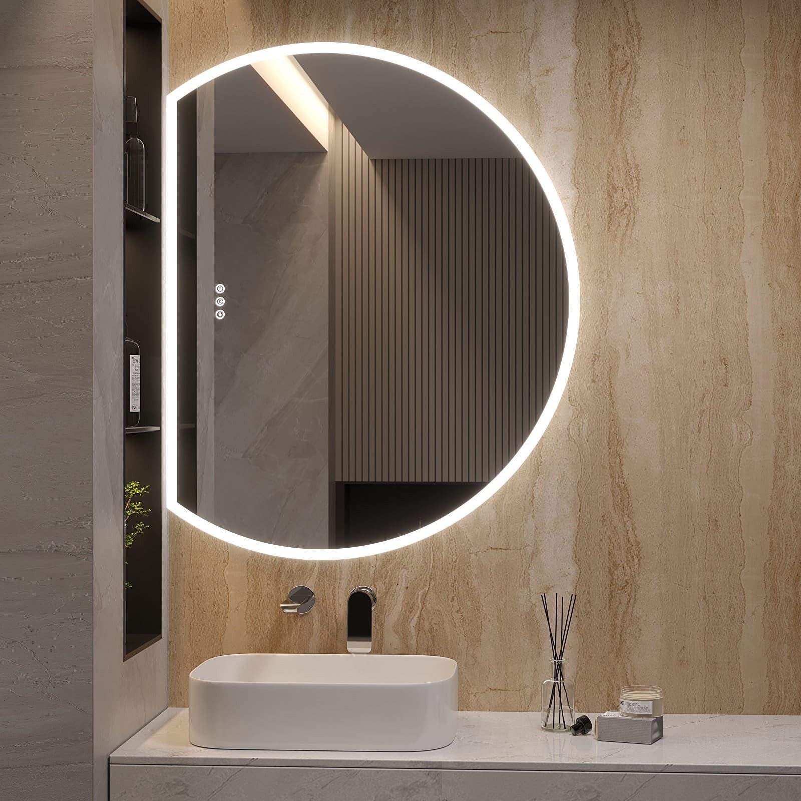 AQUALAVOS LED-Lichtspiegel Badspiegel mit Beleuchtung 100 x 80 cm Halbrund vertikal / horizontal, 3 Lichtfarben:Kaltweiß Neutralweiß Warmweiß Dimmbar Antibeschlag Touch