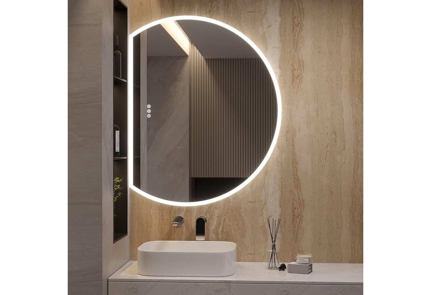 AQUALAVOS Dekospiegel LED-Lichtspiegel Badspiegel Halbrundspiegel Wandspiegel für Bad Flur, 100 x 80 x 3cm Touch Einstellbar 3 Lichtfarben vertikale/horizontale