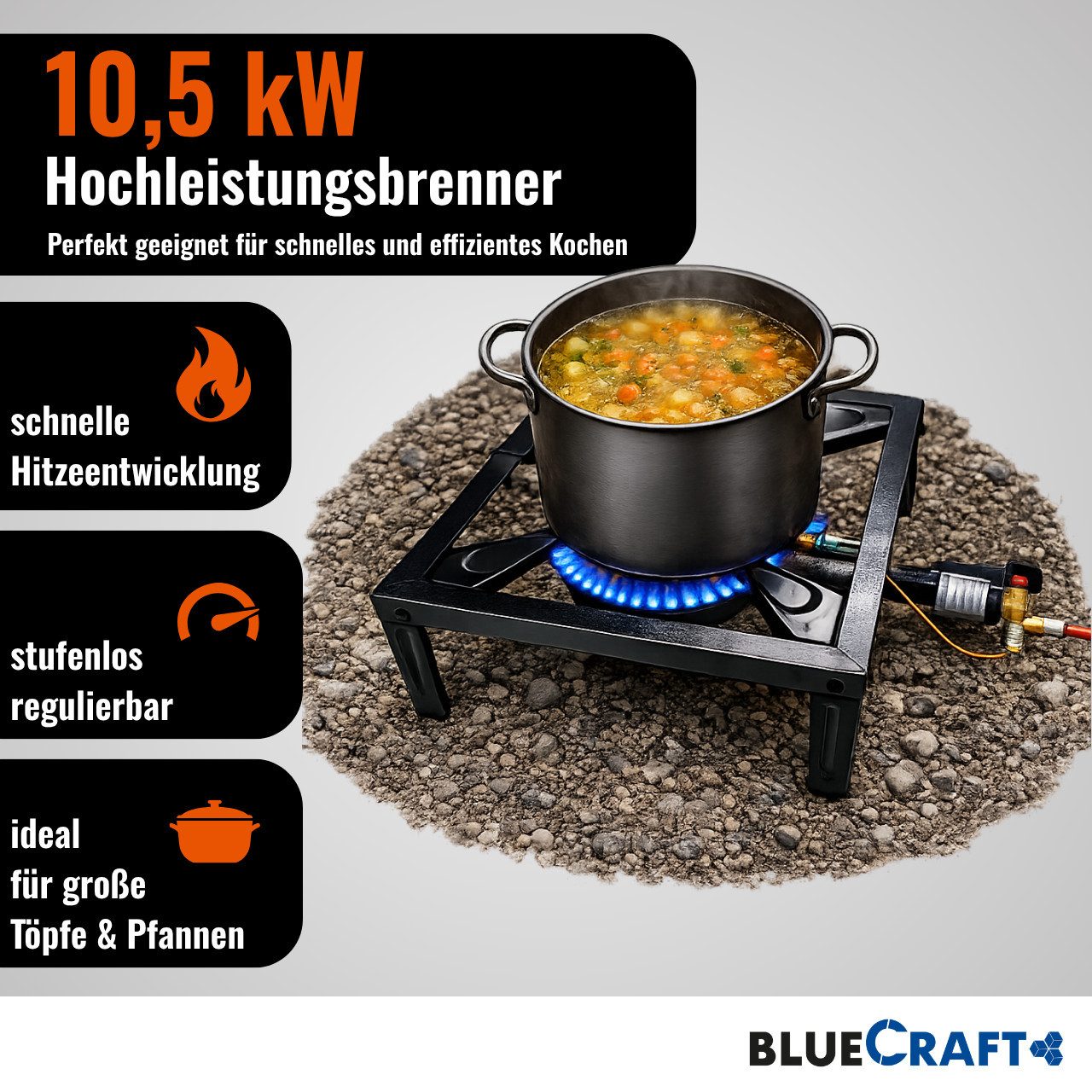 BlueCraft Gaskocher Hockerkocher 10,5 kW Gas mit Zündsicherung Piezozündung für Gasflasche, (Inklusive 2 in 1 Gasregler-Schlüssel mit Magnet), 4 Bein Profi Gasbrenner Gusseisen für Camping Räucheröfen Wok Kocher