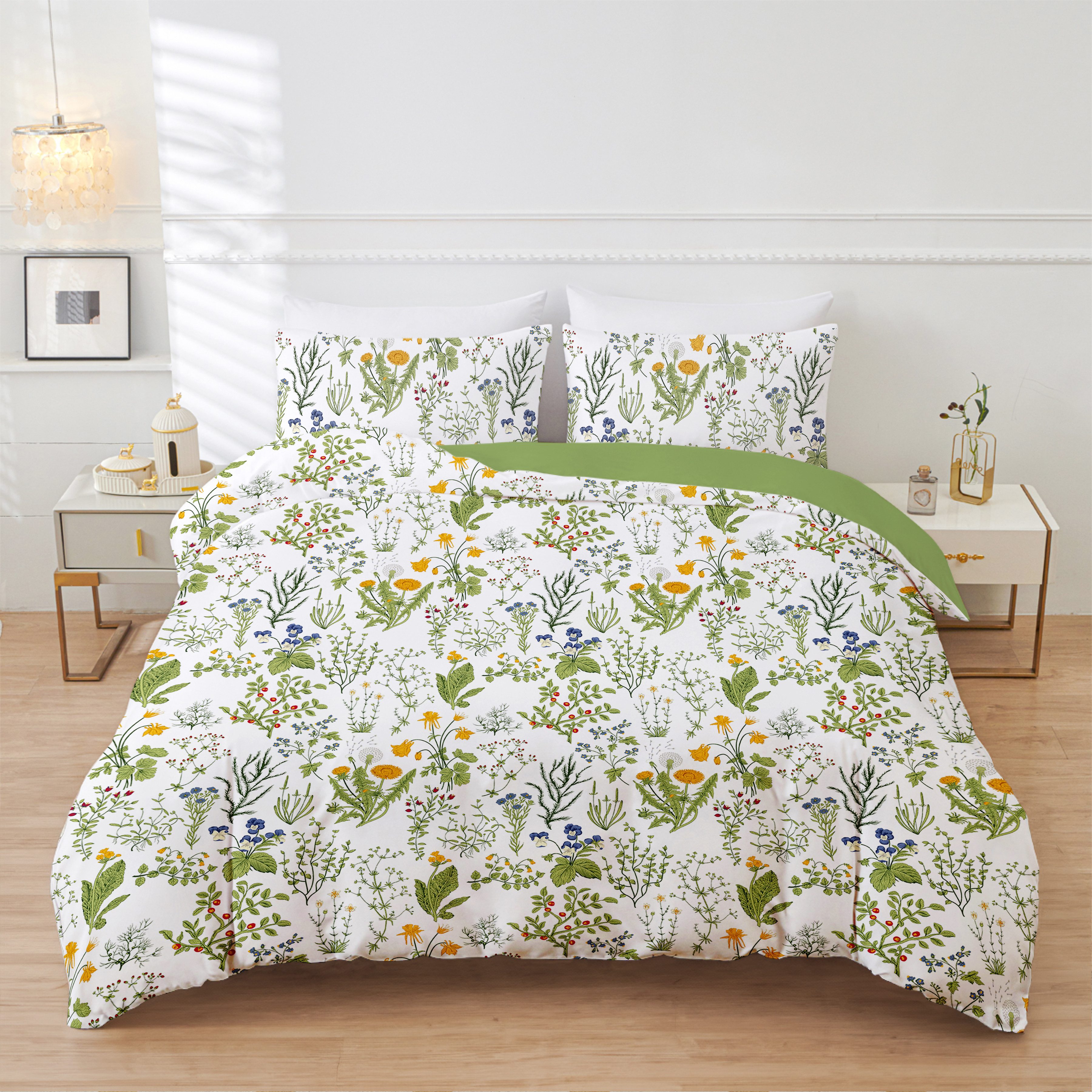 ibettertec Bettwäsche Bettwäsche Set Salbeigrün Blumen Bettwäsche Wendbar mit Reißverschluss, Bettwäsche Grün Blümchen Blumen und Kissenbezug 80 x 80 cm