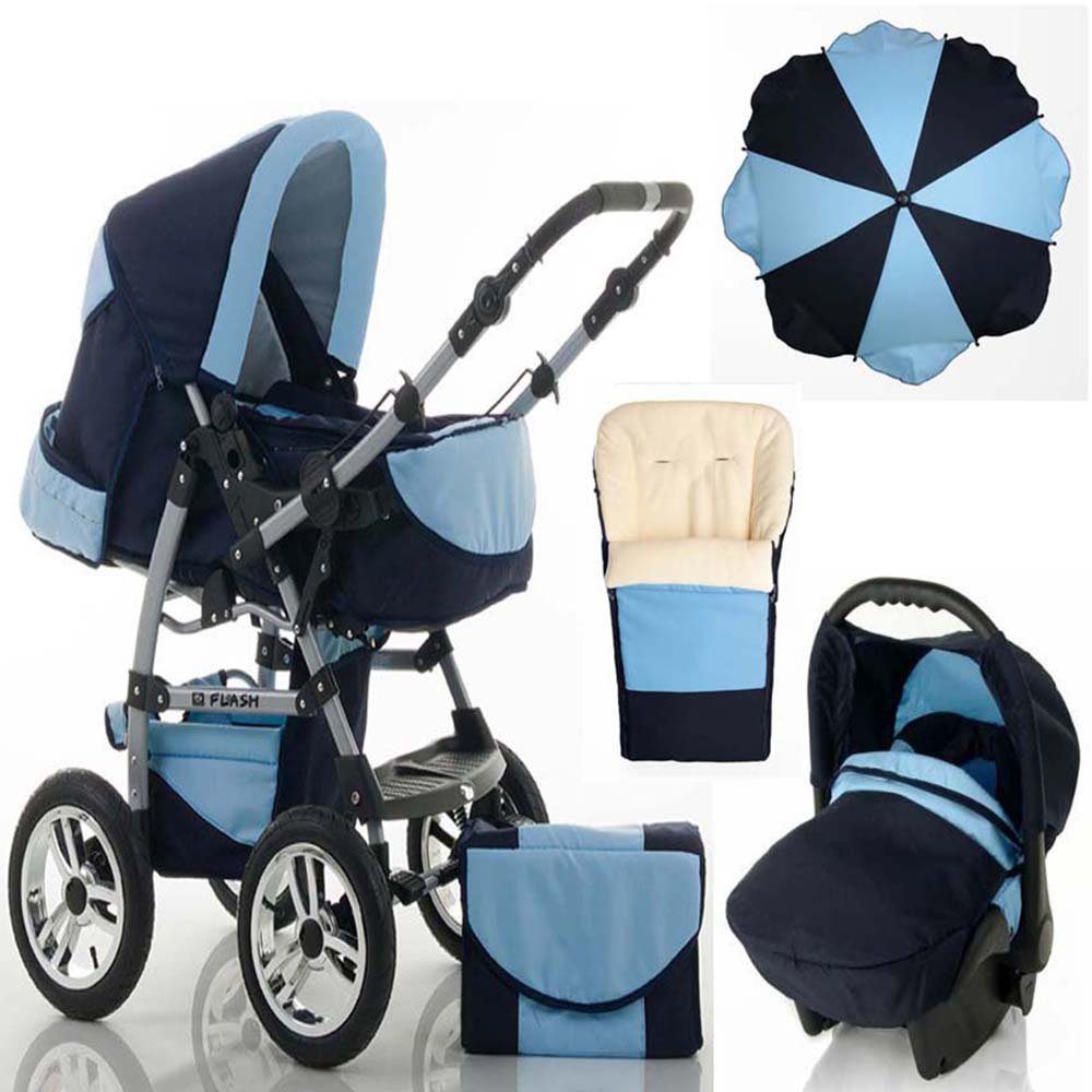 babies-on-wheels Kombi-Kinderwagen 5 in 1 Kinderwagen-Set Flash inkl. Autositz - 17 Teile - in 18 Farben Navy-Hellblau