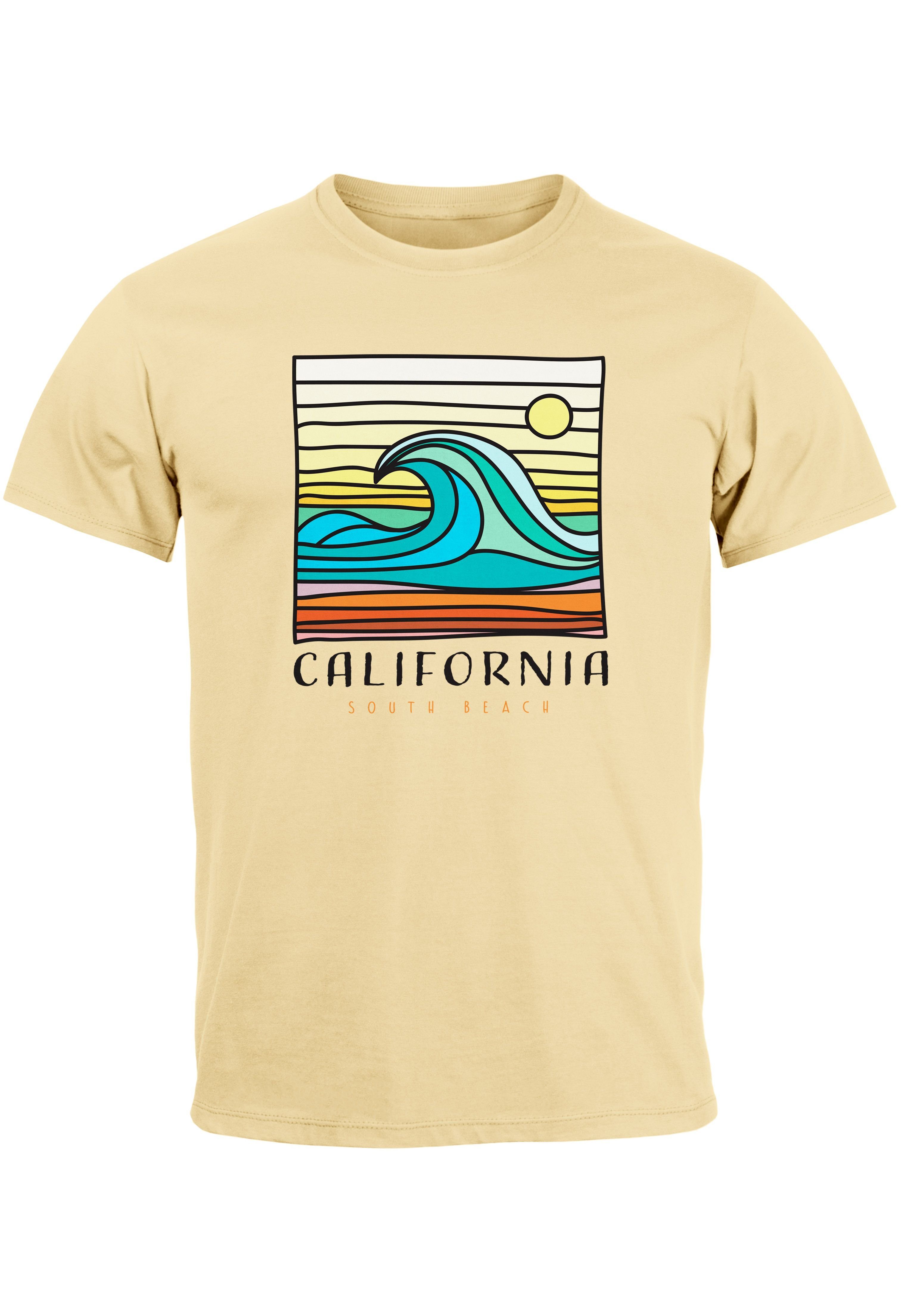 Neverless Print-Shirt Herren T-Shirt California South Beach Welle Wave Surfing Print Aufdruc mit Print natur