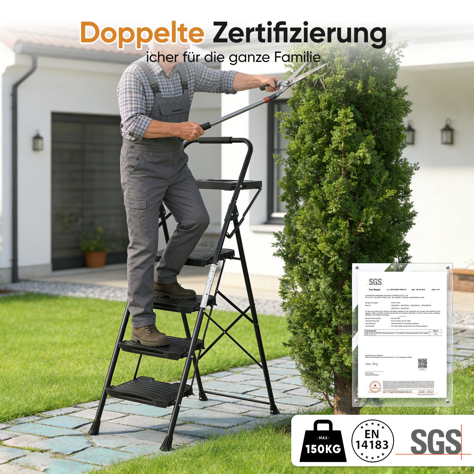 Sekey Stehleiter 4 Stufen Haushaltsleiter Klappleiter mit grosser Zrittfläche 36 x 26cm, Multifunktionsleiter bis 150 kg, Sicherheitsleiter mit Werkzeugschale