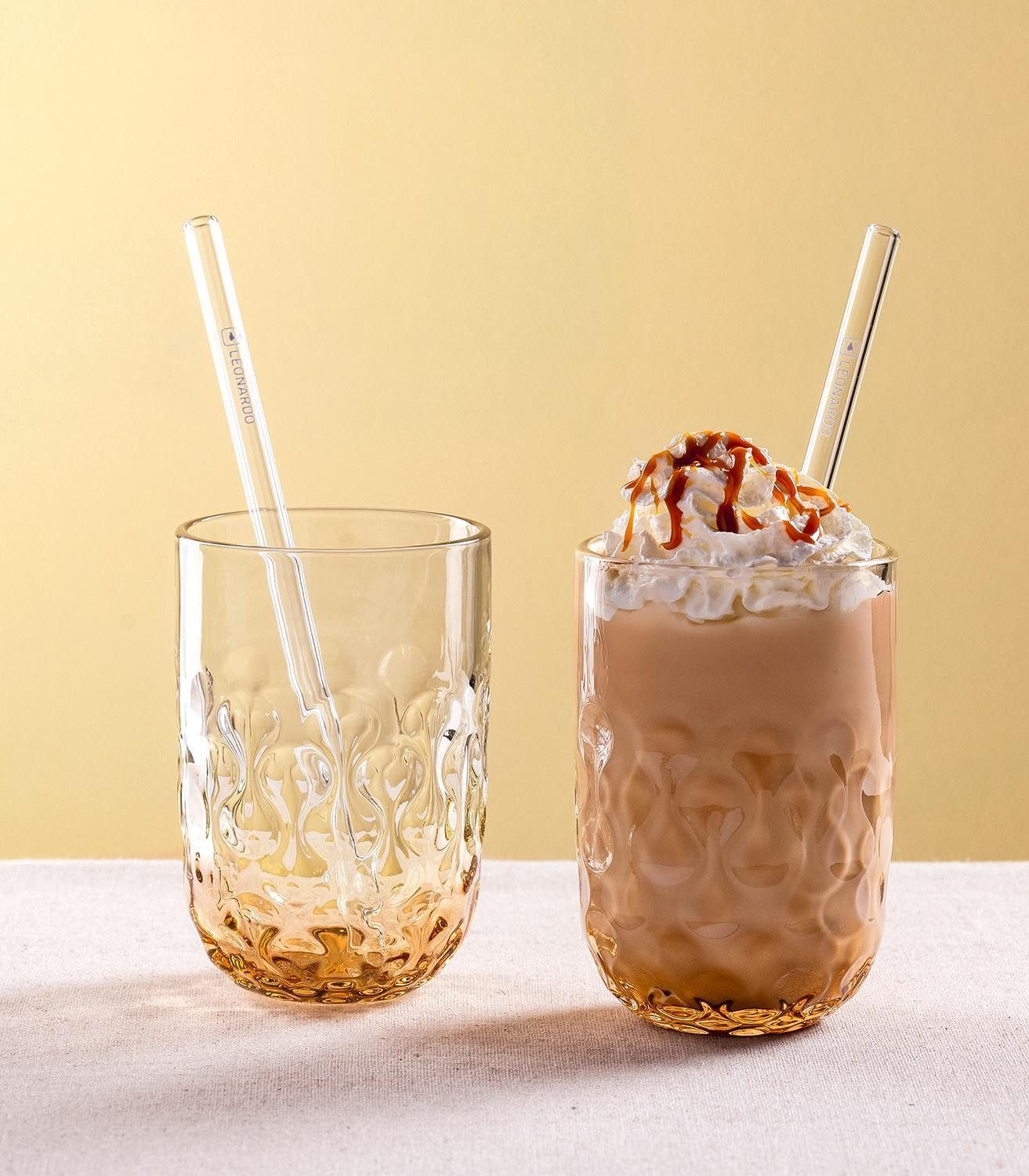 LEONARDO Latte-Macchiato-Glas Trinkgläser-Set GOCCE, Apricot, Transparent, 4-tlg., Glas, 390 ml, inkl. Glastrinkhalmen, mit Reliefmuster