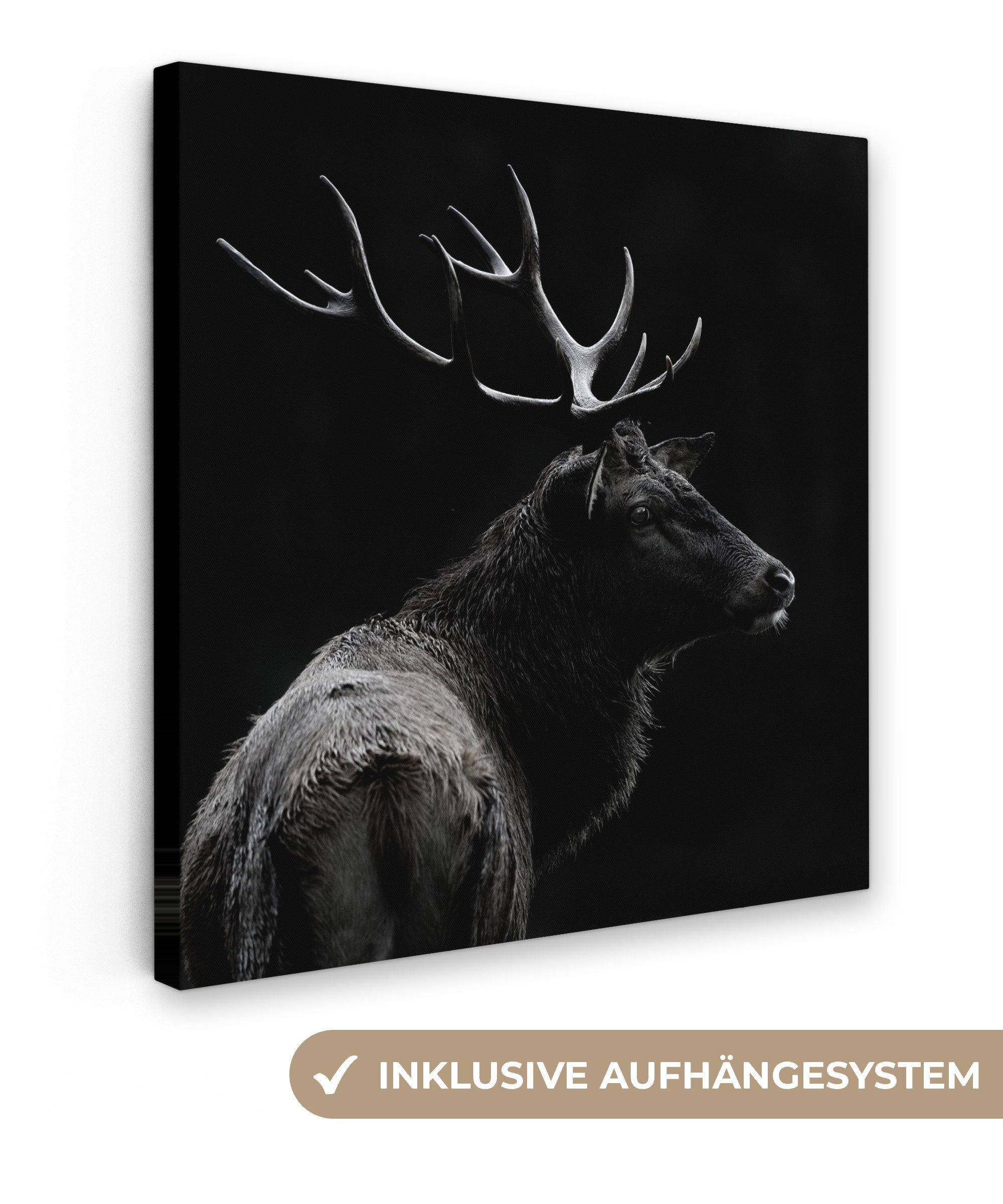 OneMillionCanvasses® Leinwandbild Hirsch - Schwarz - Weiß - Geweih, Fotodruck (1 St), Wandbild, Deko Schlafzimmer Wohnzimmer Flur 20x20 cm