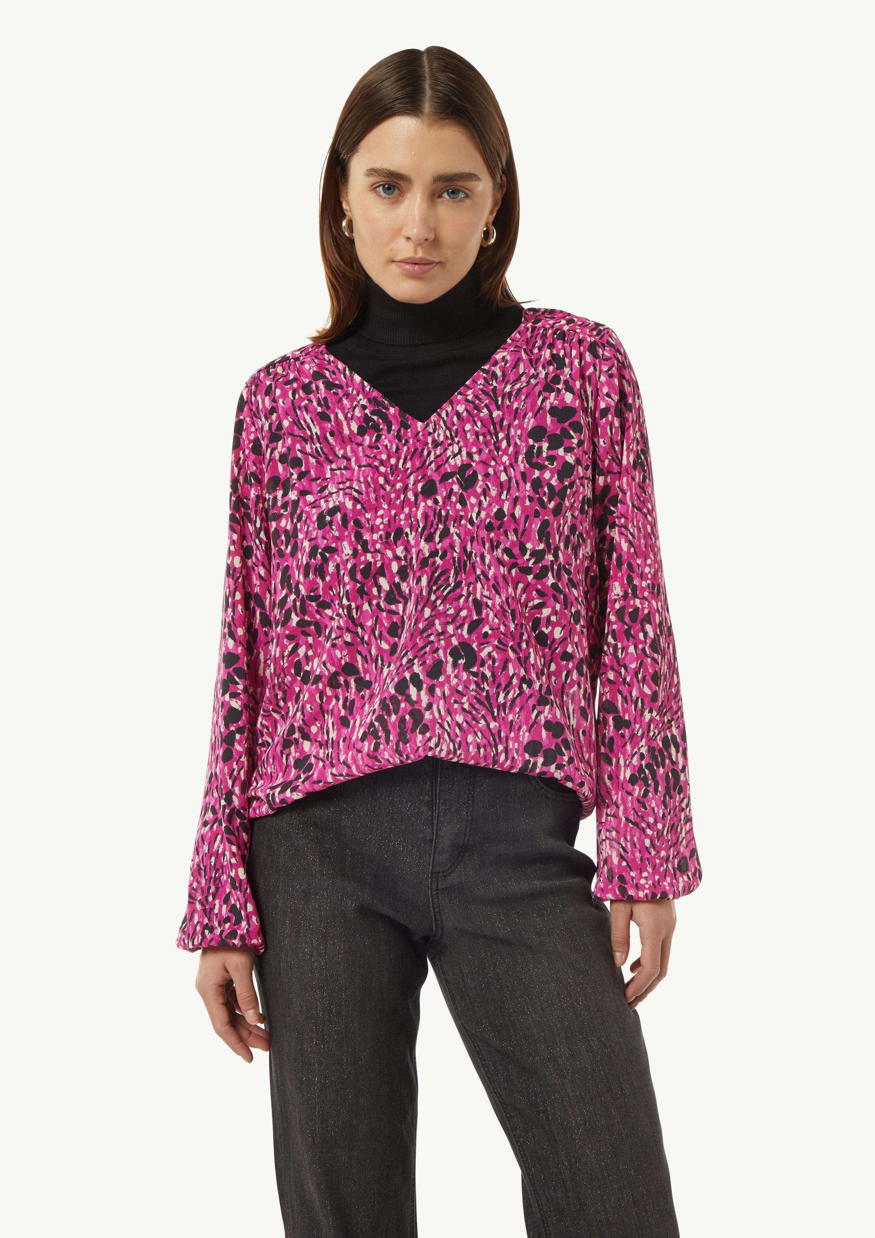Langarmbluse Gemusterte Chiffon-Bluse mit V-Ausschnitt