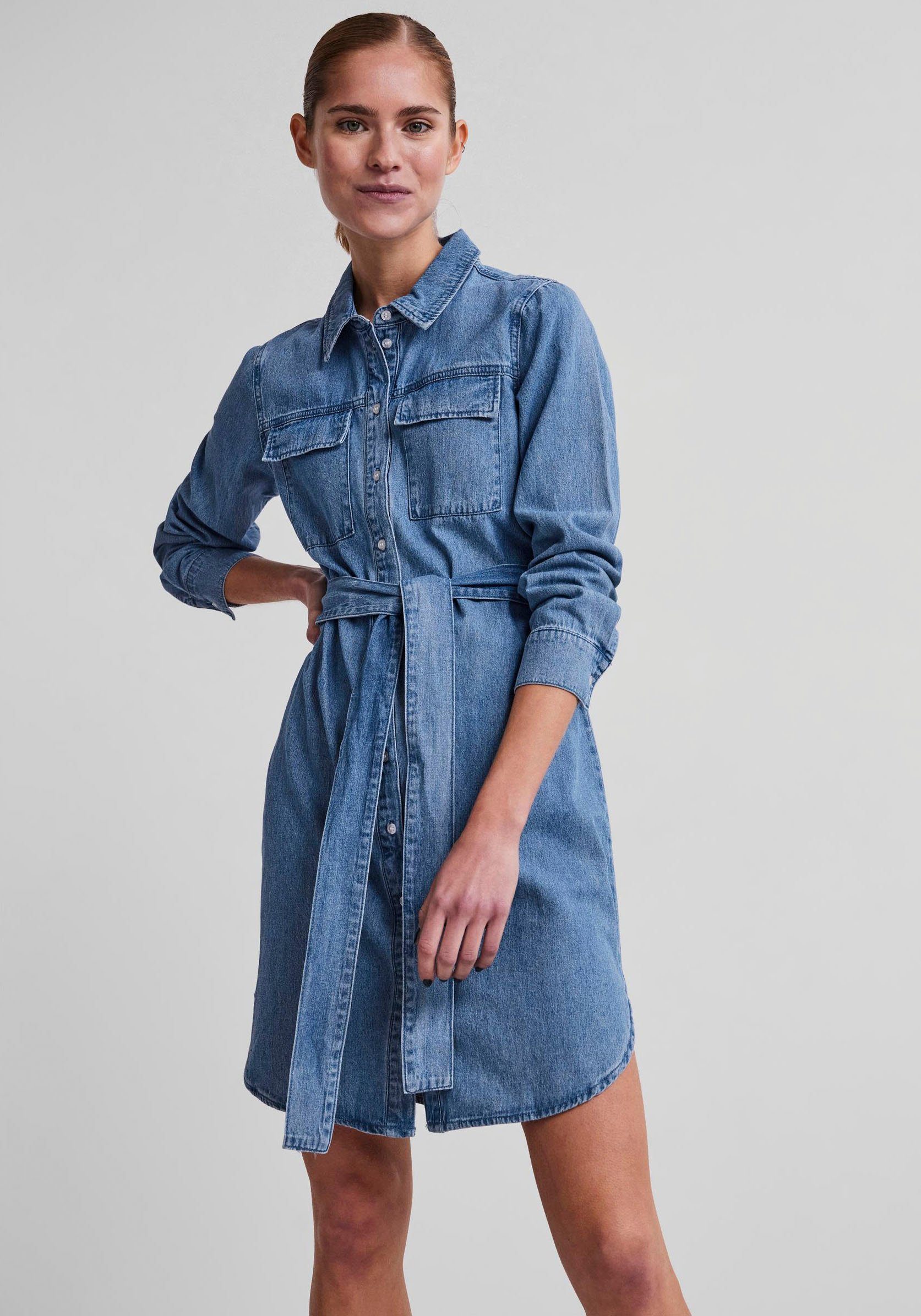 und PCOSALINA DNM MB MIDI geknöpfte NOOS LS DRESS Hemdkragen Jeanskleid Vorderseite BC, pieces