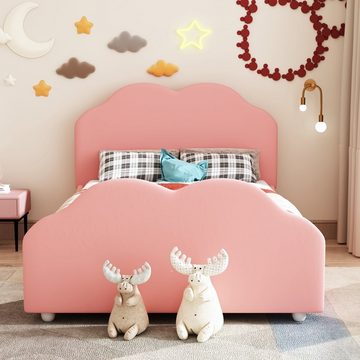 Ulife Kinderbett Polsterbett, Einzelbett, 90x200cm, beige, rosa, mit wolkenförmigem Kopf- und Fußteil