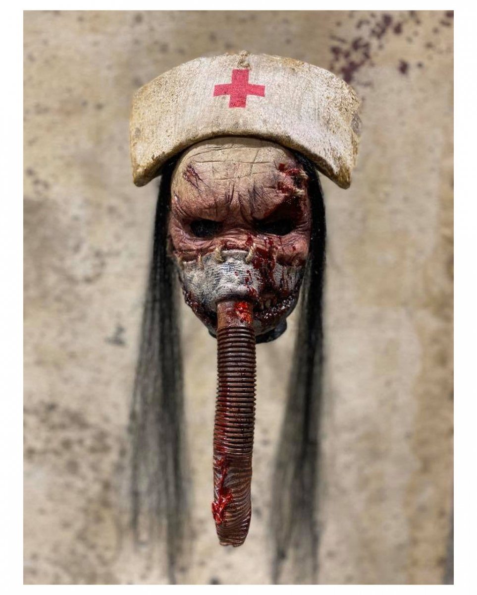 Zombie-Kostüm Horror Krankenschwester Maske mit Haube