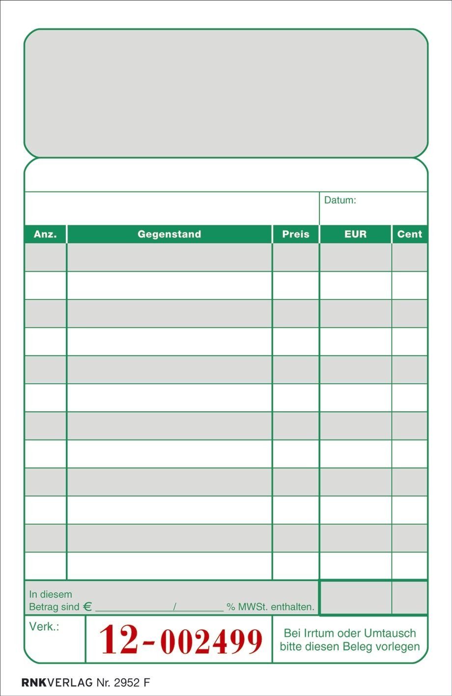 RNK Verlag Formularblock RNK Verlag Kassenblock, 96 x 167 mm, 2 x 50 Blatt