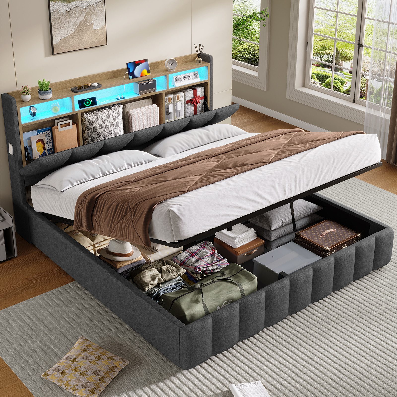 KIMENICH Polsterbett mit LED Beleuchtung und Ladefunktion (1-tlg., Ohne Matratze), Jugendbett Hydraulisches Stauraumbett, 160x200 cm